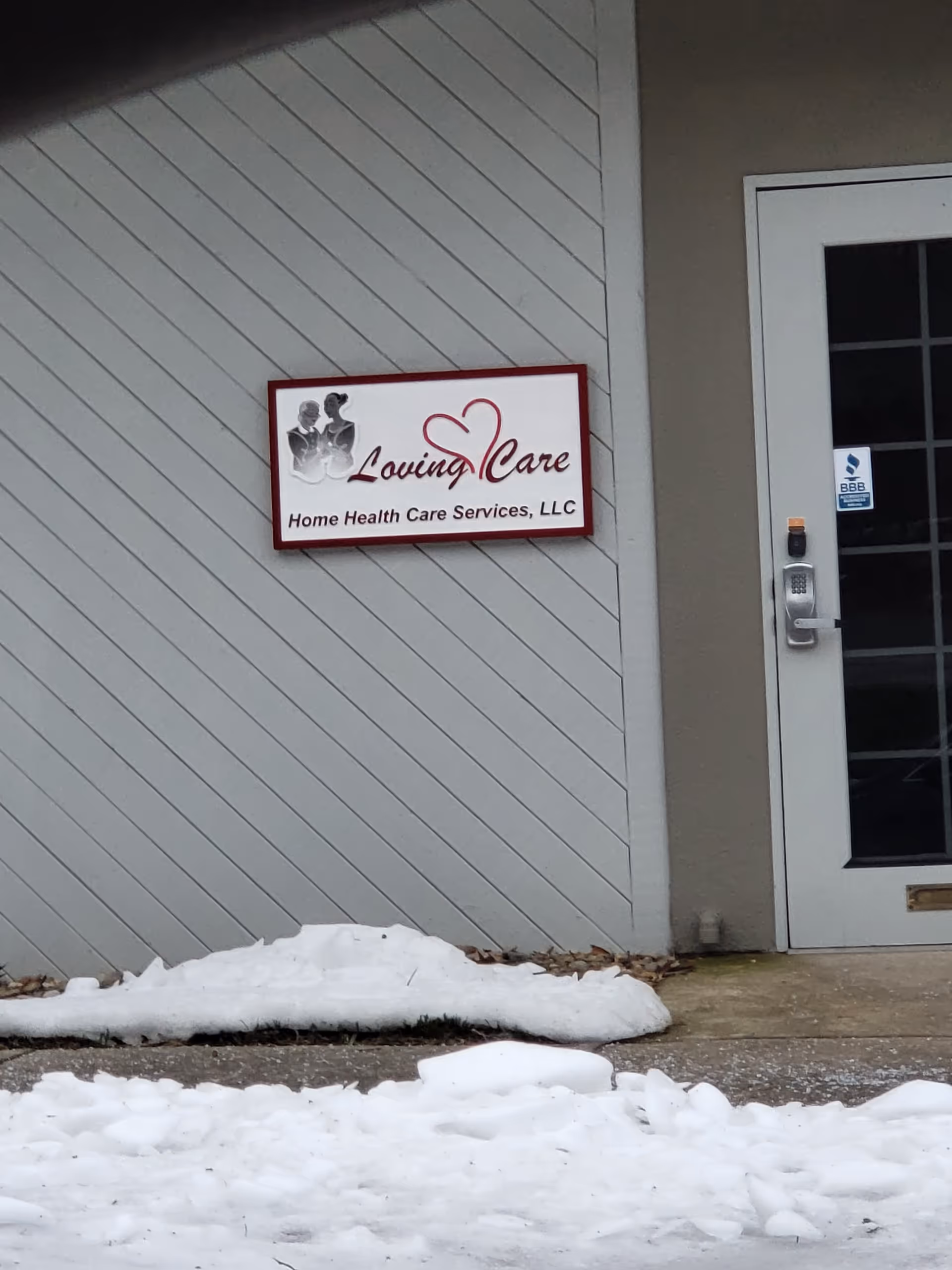 Exterior view showing signage for Loving Care Home Health Care Services, LLC.