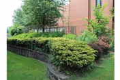 Brick building with trimmed shrubs, trees, and a stone retaining wall in a landscaped yard.
