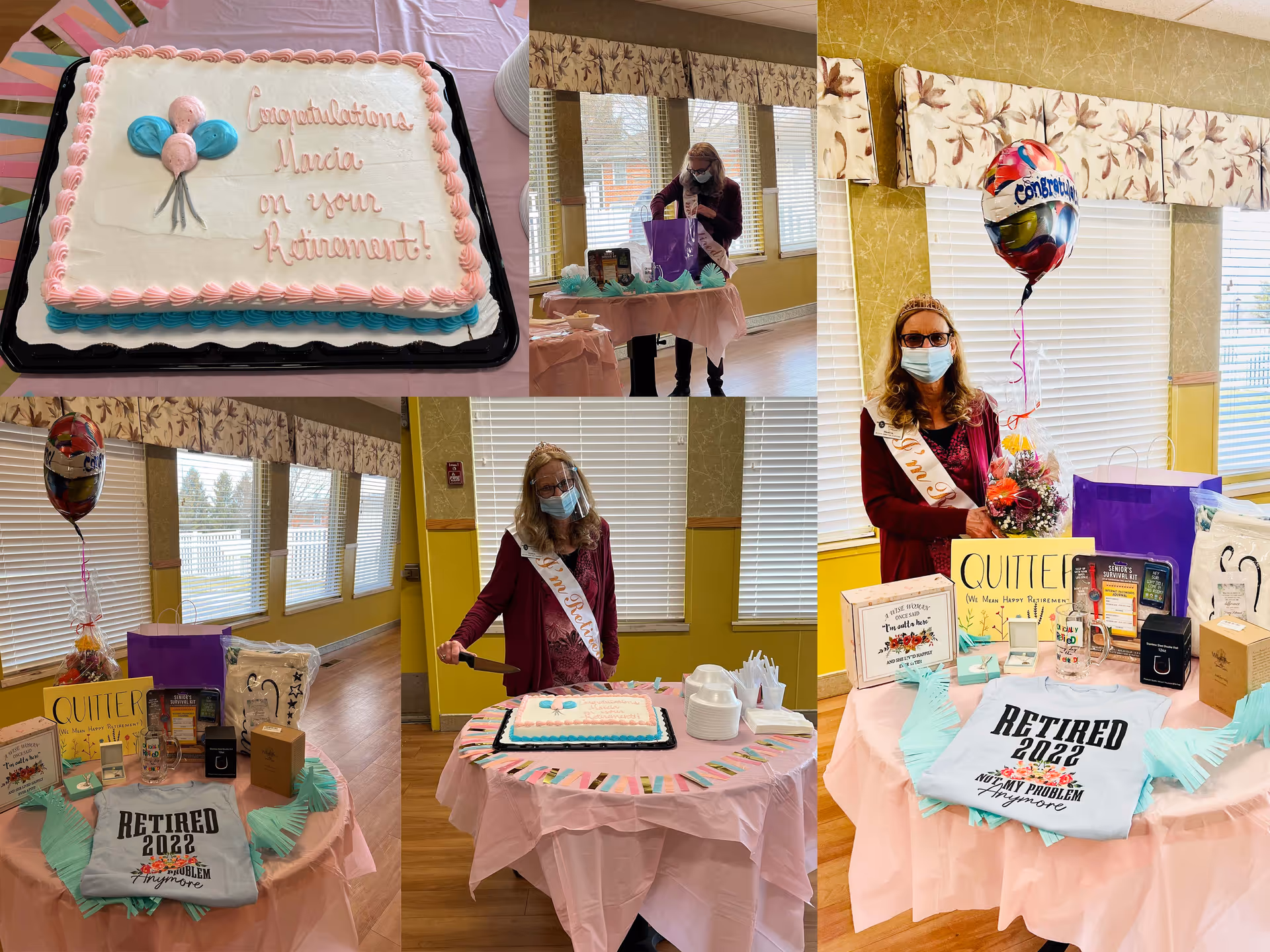 A collage of images showing a retirement celebration for Marcia at Willowbrook Manor. The images include a decorated cake with the message 'Congratulations Marcia on your Retirement!', a woman wearing a 'My Retirement' sash and a face mask cutting the cake, and a table with retirement gifts, balloons, flowers, and a 'Retired 2022' t-shirt. The setting appears to be a bright room with large windows and floral valances.