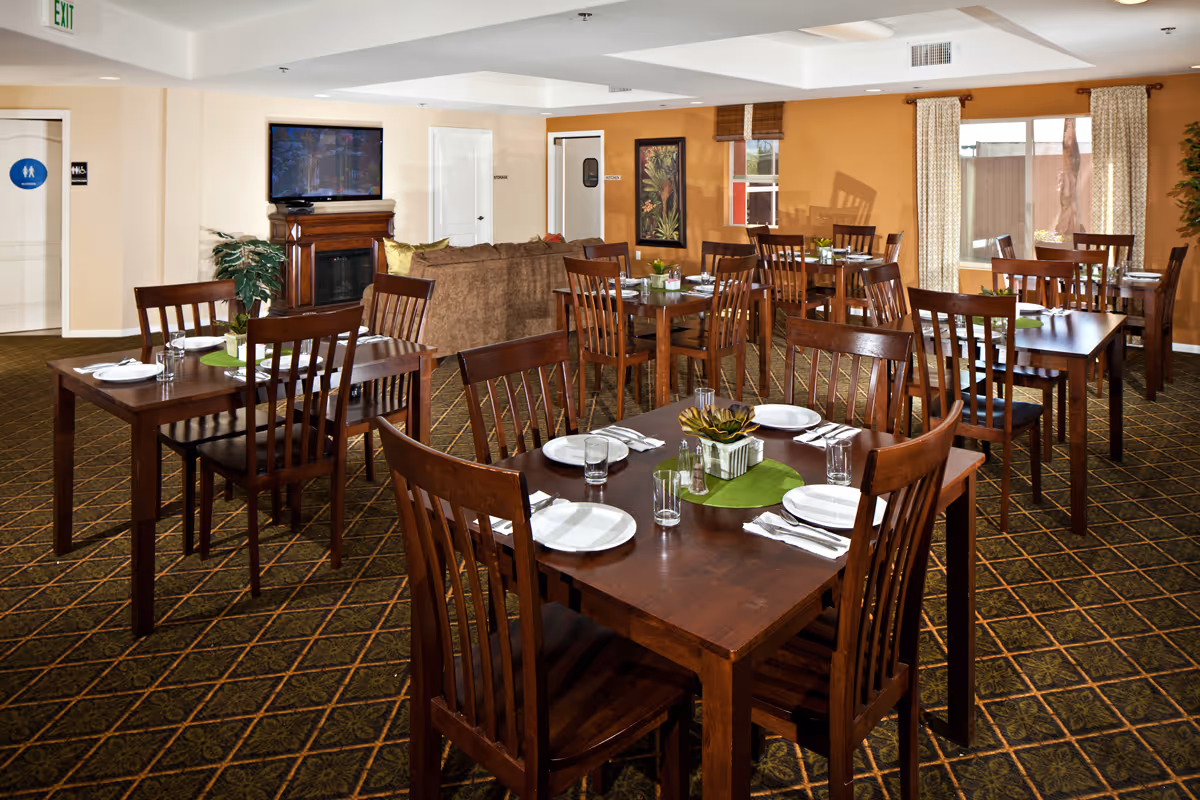 Interior view of a senior living facility dining room with multiple wooden tables and chairs set with plates, glasses, and silverware. The room has carpeted flooring, beige and orange walls, a television mounted above a fireplace, and windows with curtains letting in natural light.