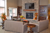 Cozy living room with two patterned sofas facing a stone fireplace with a mounted flat-screen TV above it. The room features built-in wooden shelves on either side of the fireplace, decorated with vases and books. Large windows allow natural light to fill the space, and there are small tables with floral arrangements adding warm accents.