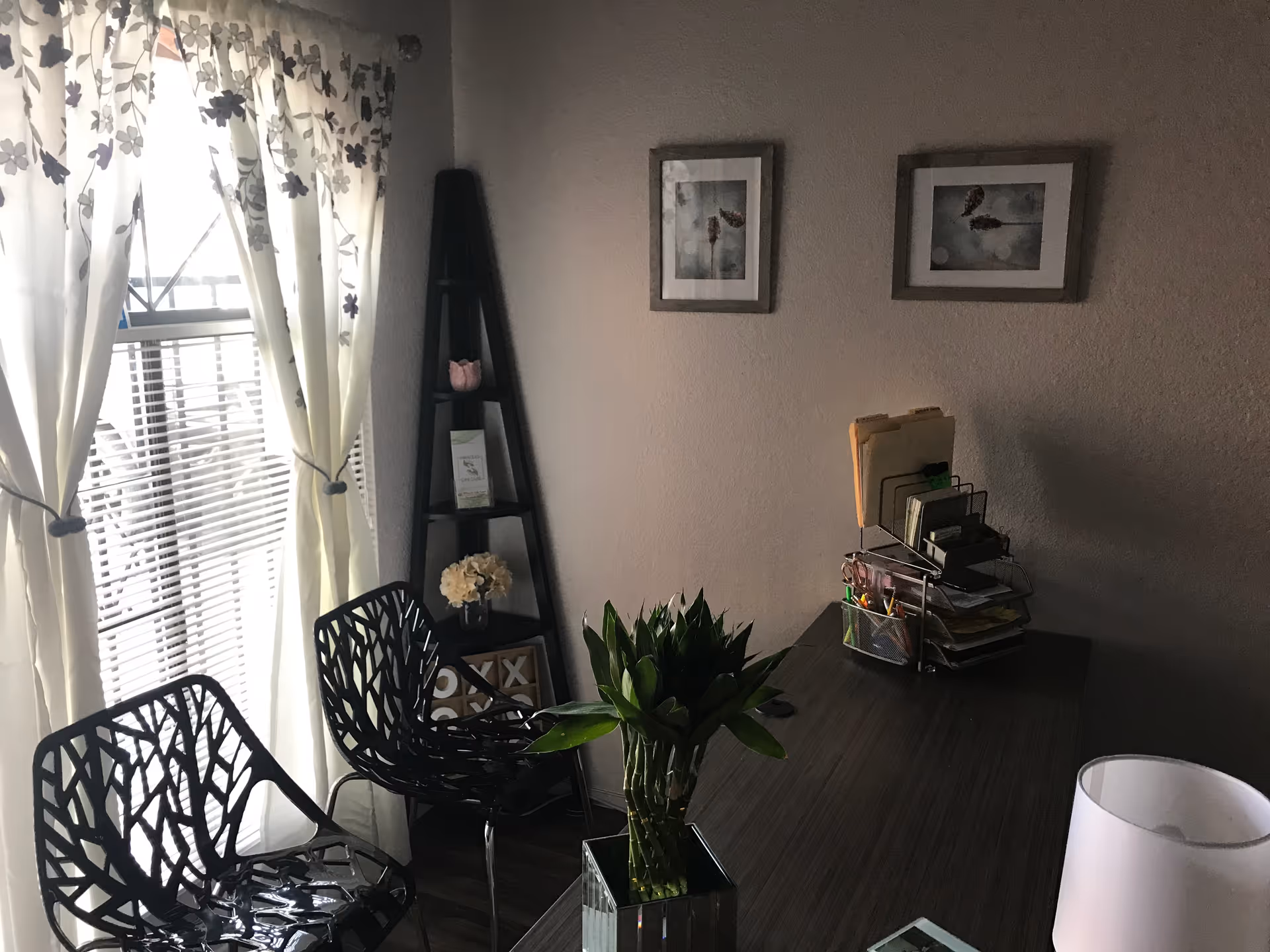 Interior corner with a desk, patterned chairs, plant, and ladder shelf.