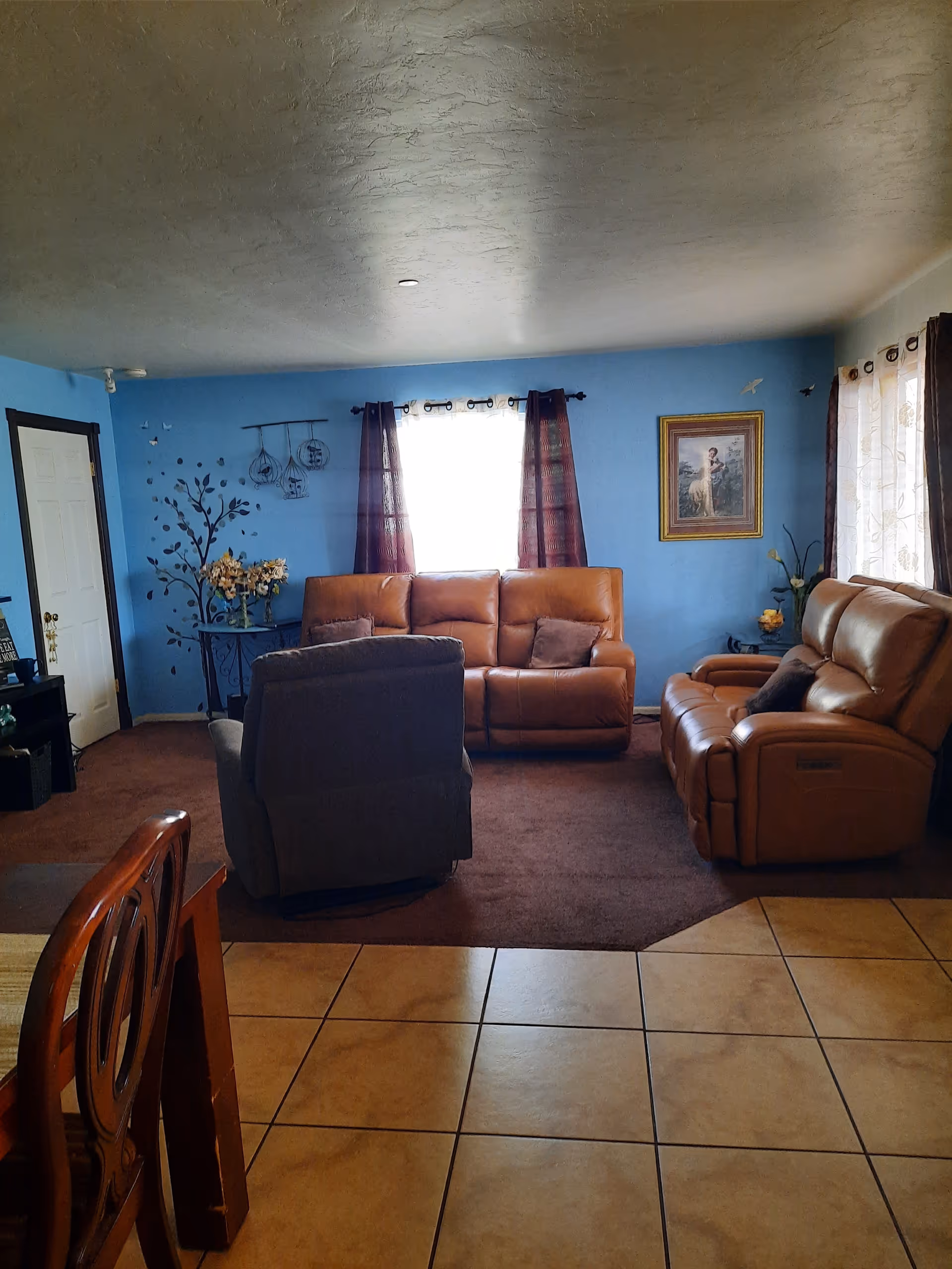 Blue-walled living room with leather sofas and a tiled entry transitioning to carpet.