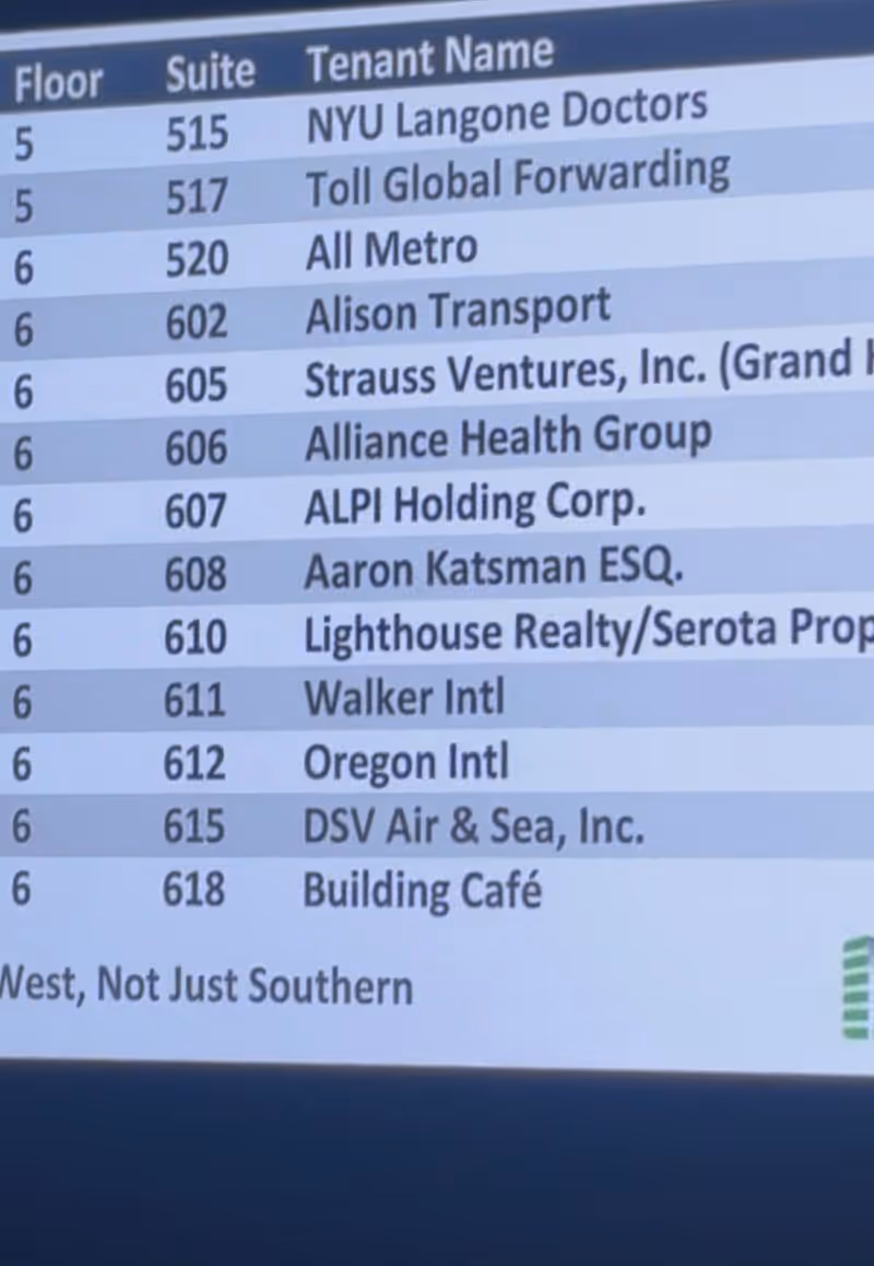 Indoor directory board listing floors, suites, and tenant names.