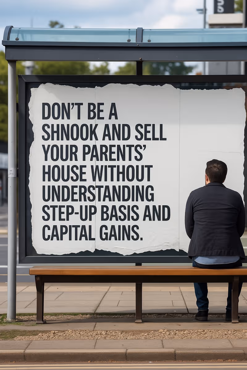 Man sits on an outdoor bench beside a large torn poster about step-up basis and capital gains.
