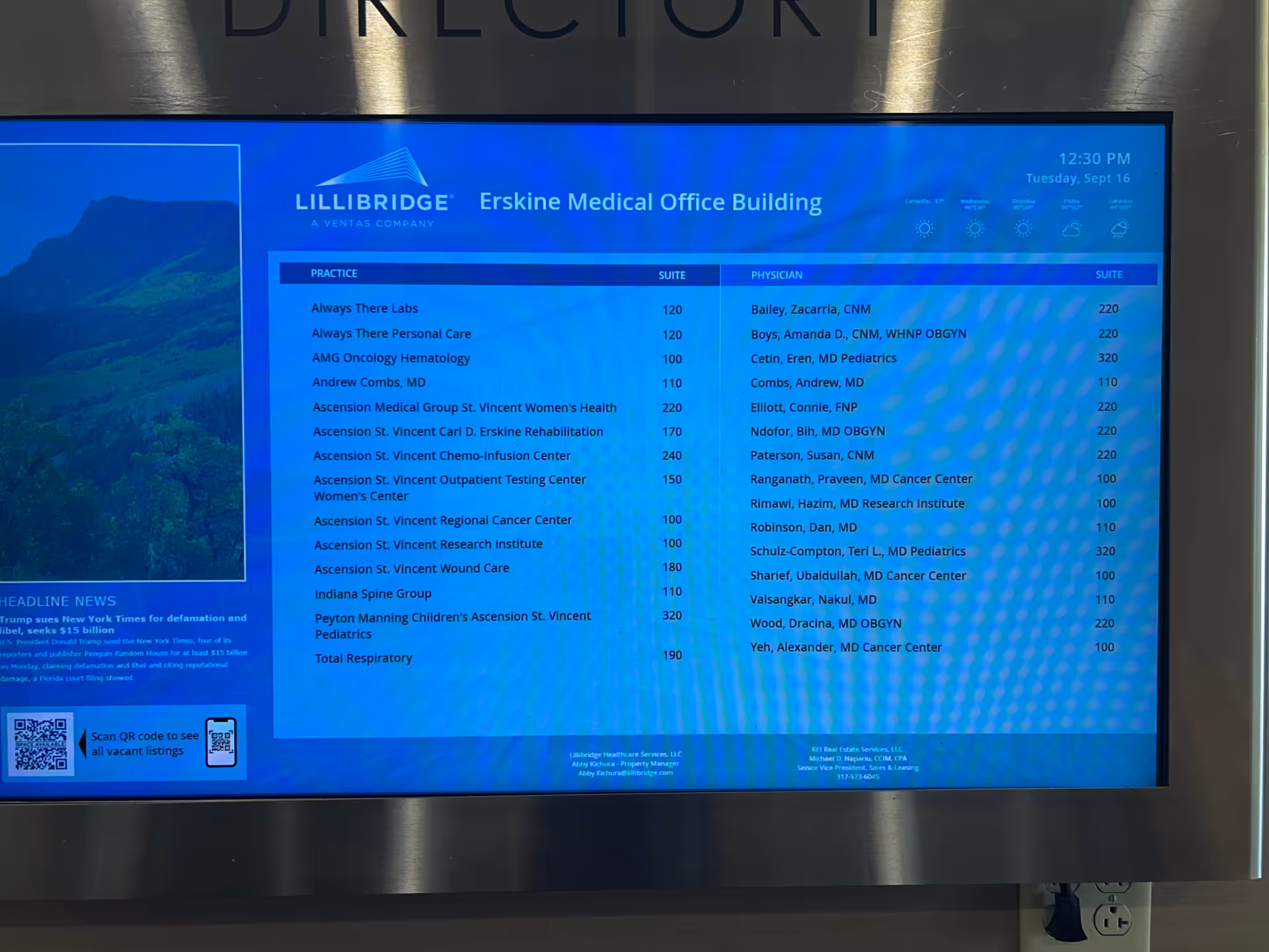 Interior lobby at Total Respiratory shows a blue digital directory screen listing medical offices and suites.