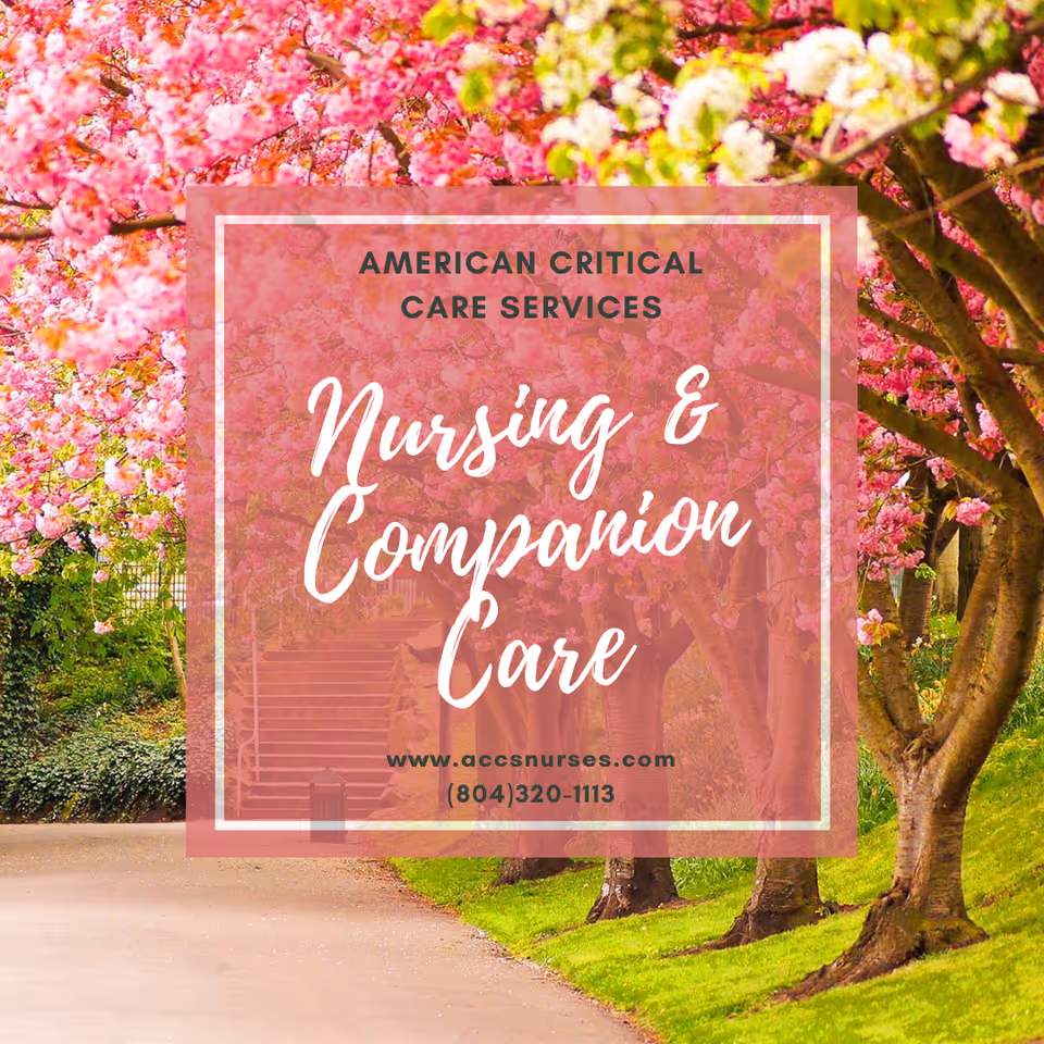 Outdoor path lined with blossoms and a pink translucent overlay advertising Nursing & Compassion Care