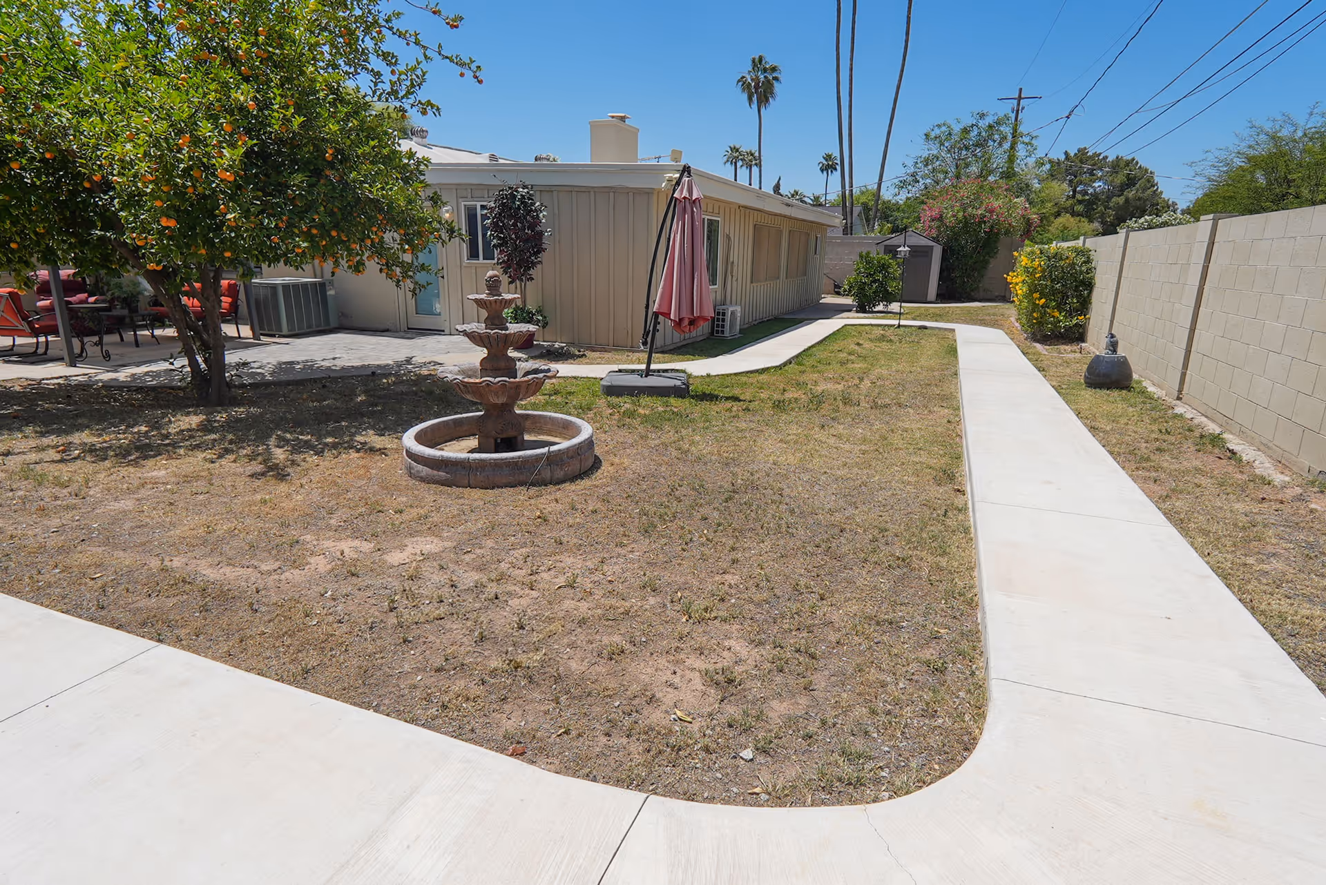 Outdoor area of Comfy Couch Assisted Living featuring a dry grassy yard with a three-tiered stone fountain in the center, a concrete walkway curving around the yard, a patio with red chairs and a table under a tree with orange fruits, and a beige building with windows and a closed umbrella near the walkway. Palm trees and other greenery are visible in the background under a clear blue sky.
