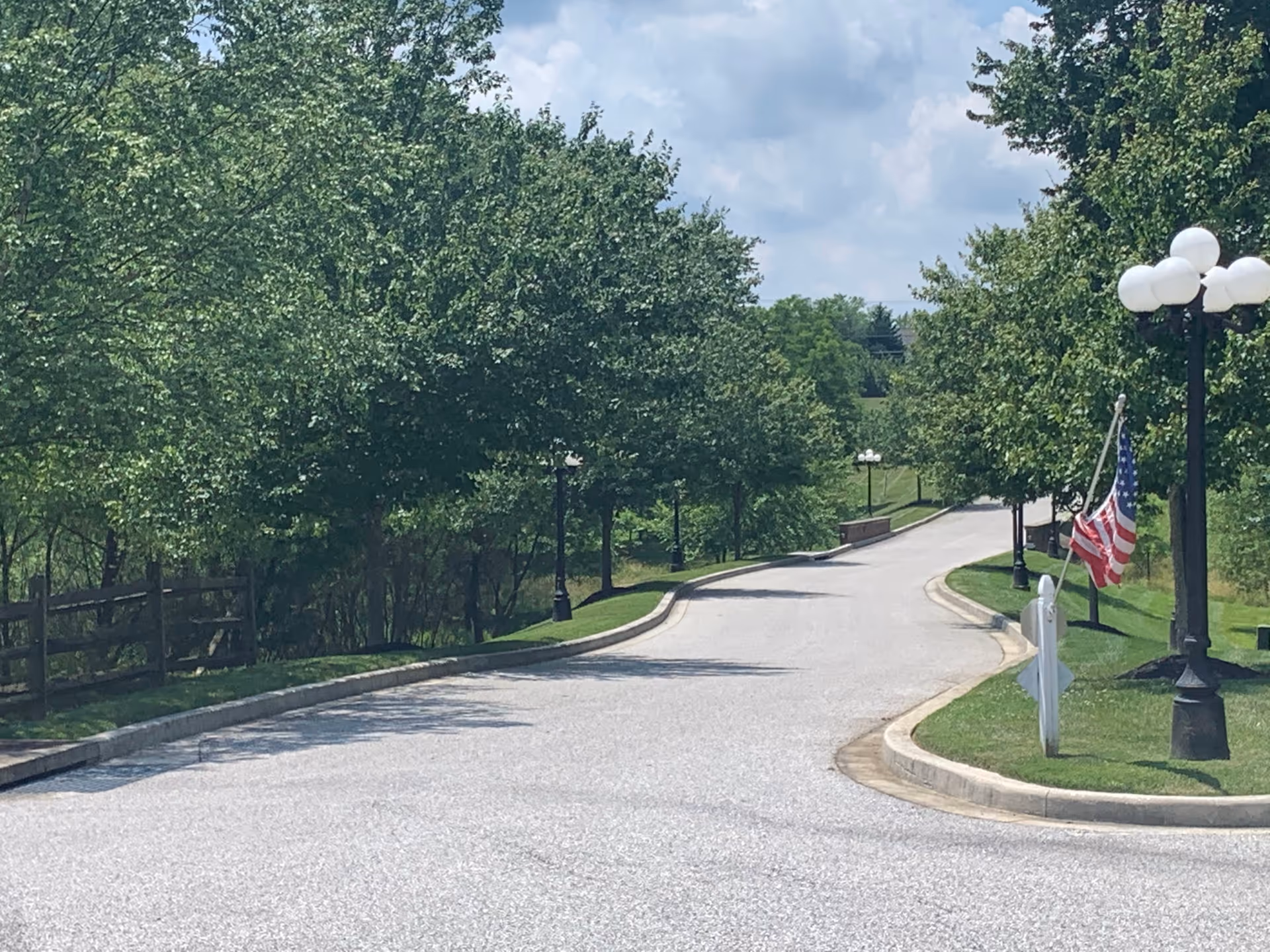 Curving driveway at Hart Heritage Estates, lined with trees and lamp posts, American flag displayed.