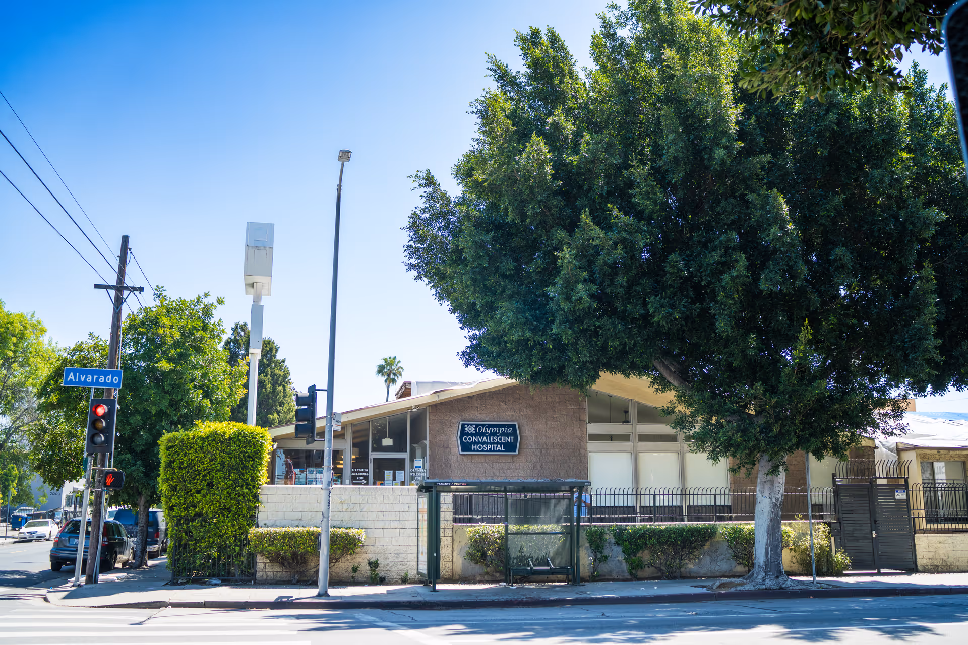 Exterior view of Olympia Convalescent Hospital at a street corner with trees.