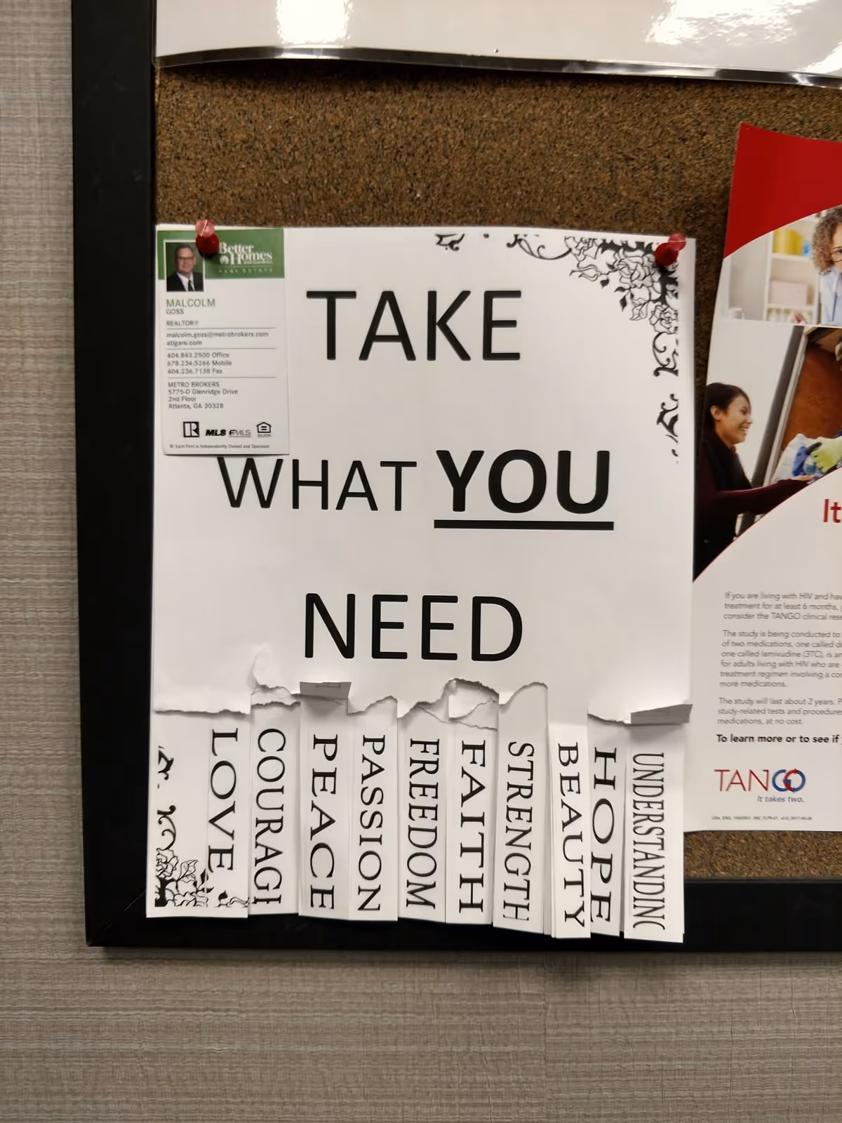 Corkboard displays a 'TAKE WHAT YOU NEED' poster with tear-off word tabs.