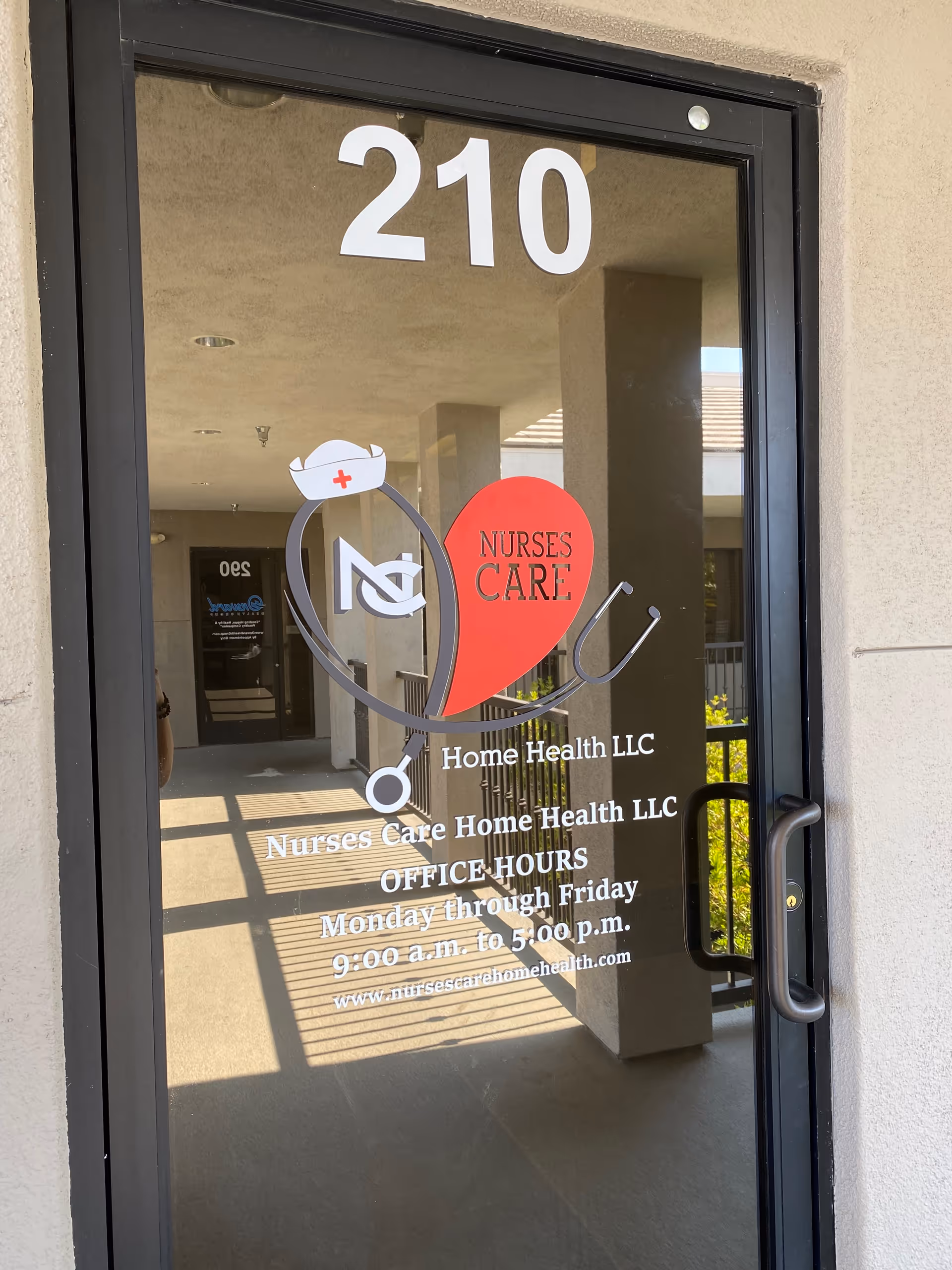 Glass door with Nurses Care Home Health LLC logo and the 210 entrance number.