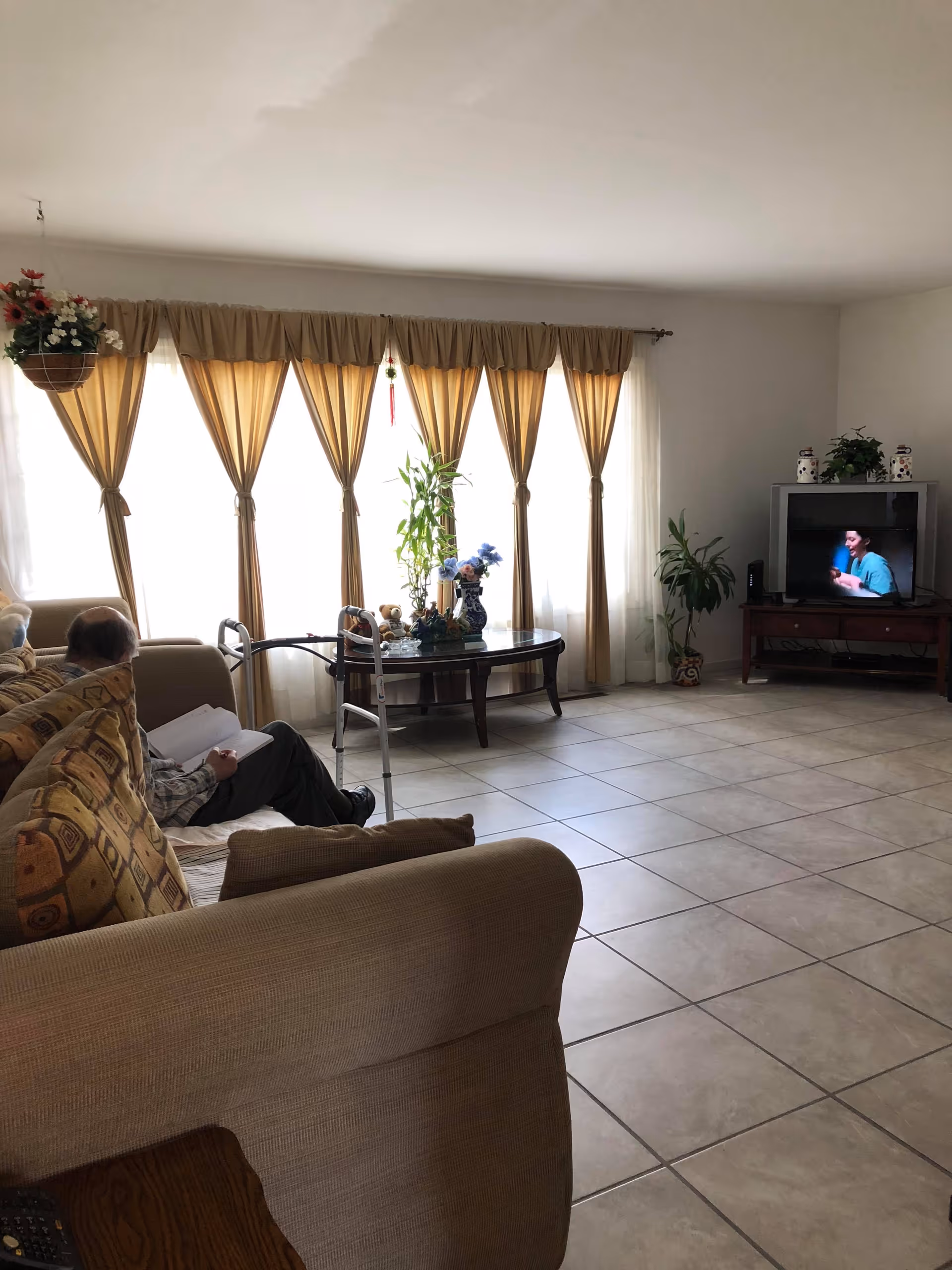 A senior man sits in a living room watching TV, with plants and curtains in the background.