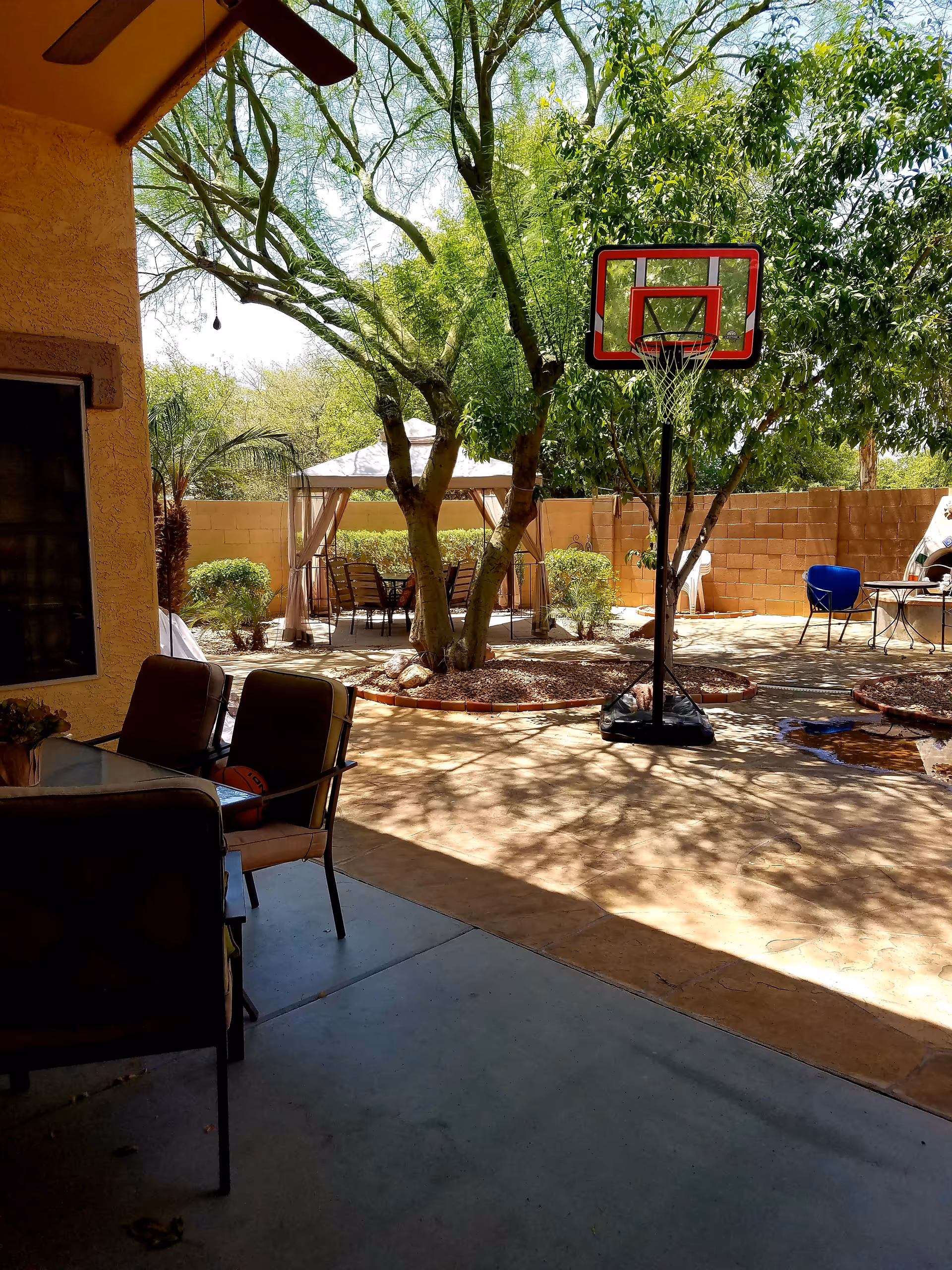 Outdoor patio at Julian's Assisted Living Home with seating, trees, gazebo, and a basketball hoop.