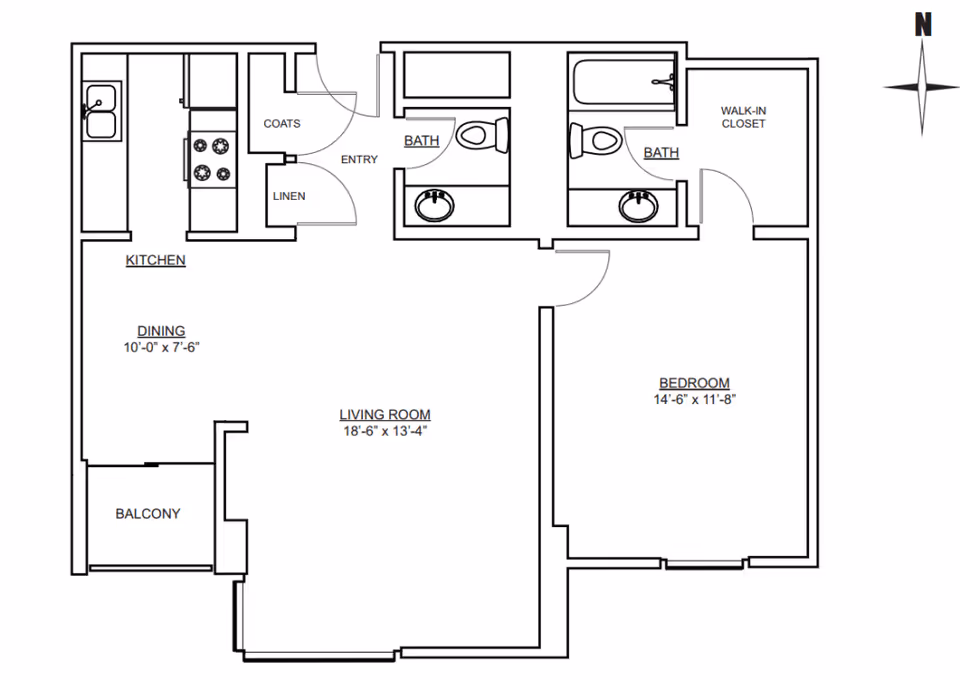 Architectural floor plan of a senior living apartment at Horizon Independent Senior Living, showing a layout with a kitchen, dining area, living room, bedroom with walk-in closet, two bathrooms, entry with coat and linen closets, and a balcony. Dimensions are provided for dining, living room, and bedroom areas. A north directional compass is included.