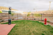 Outdoor grassy courtyard enclosed by a black fence and a red fire hydrant.