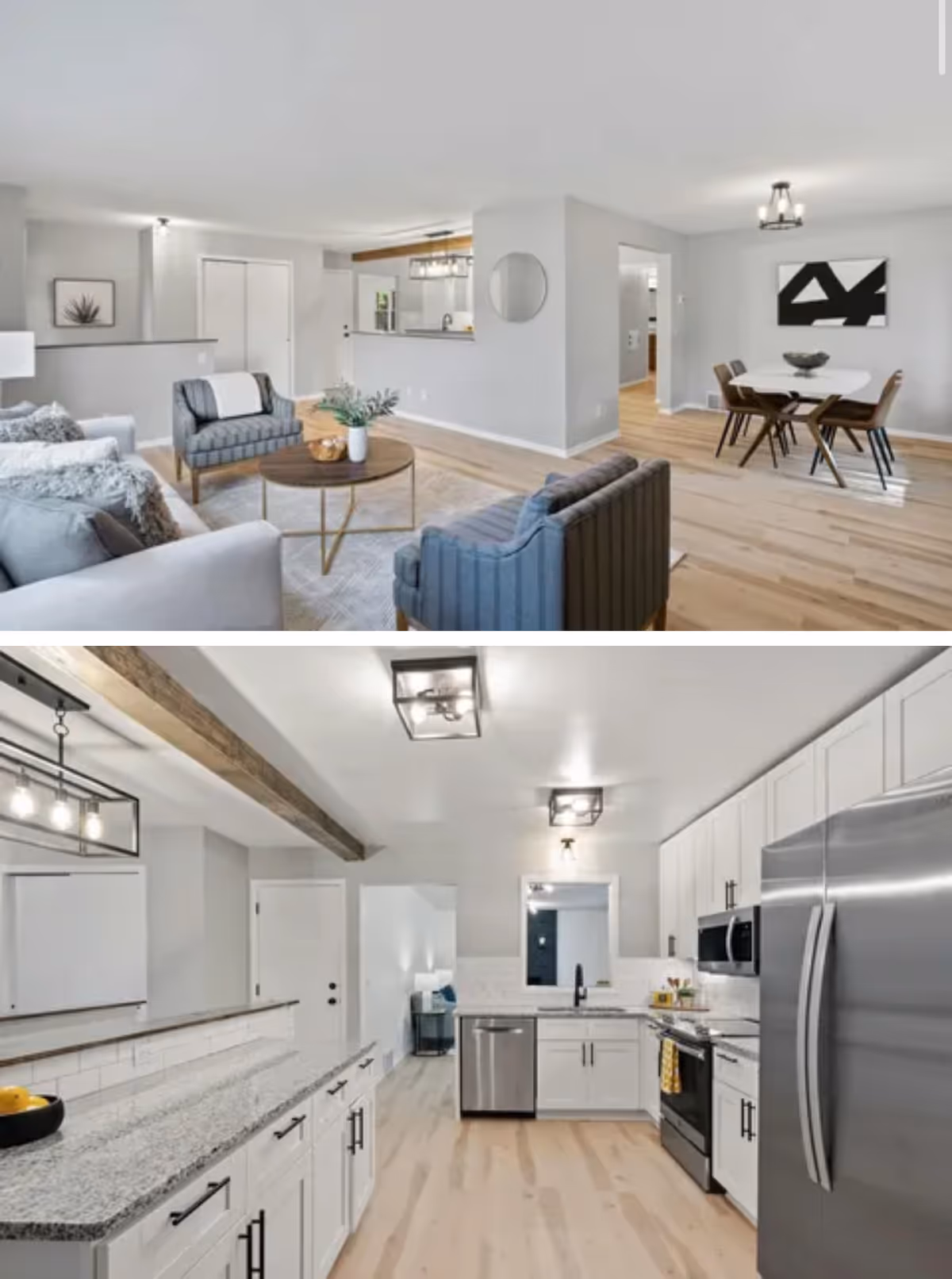 Bright open-plan living area with seating and a modern kitchen in a senior facility.
