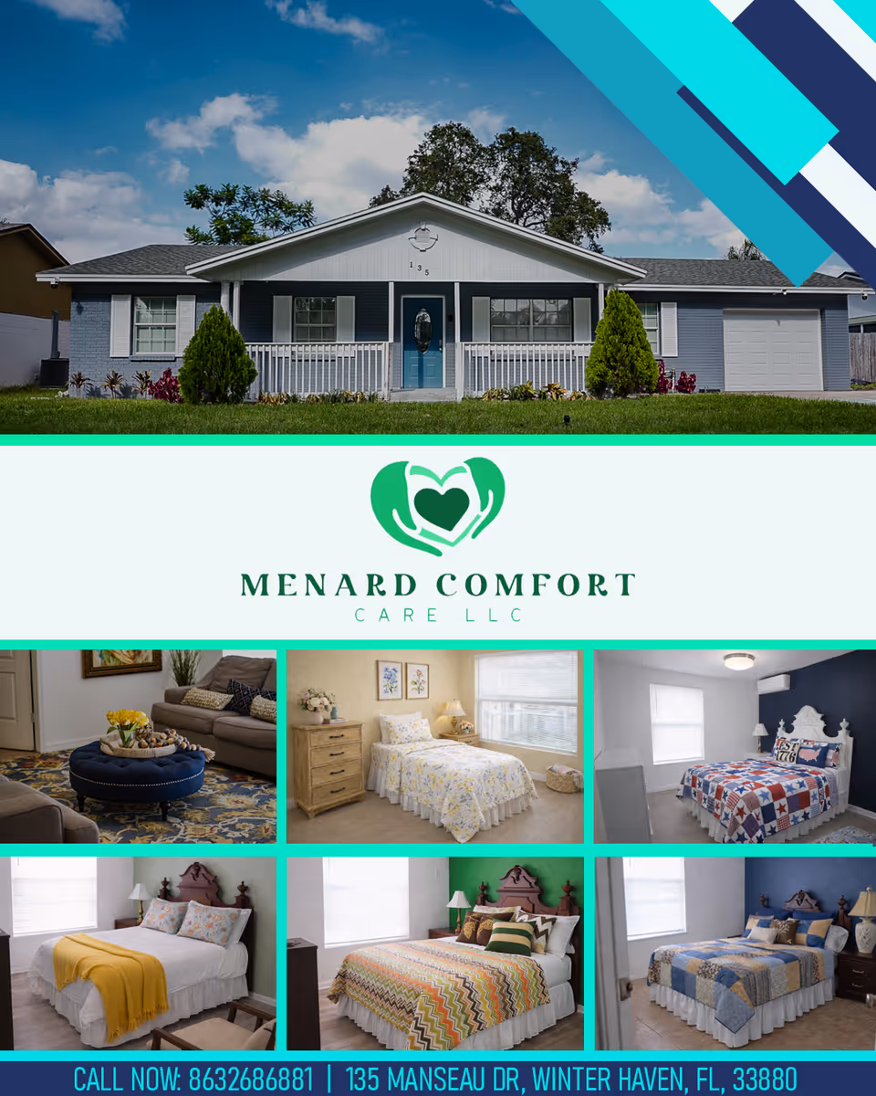 Front view of a single-story house with teal logo collage for Menard Comfort Care.