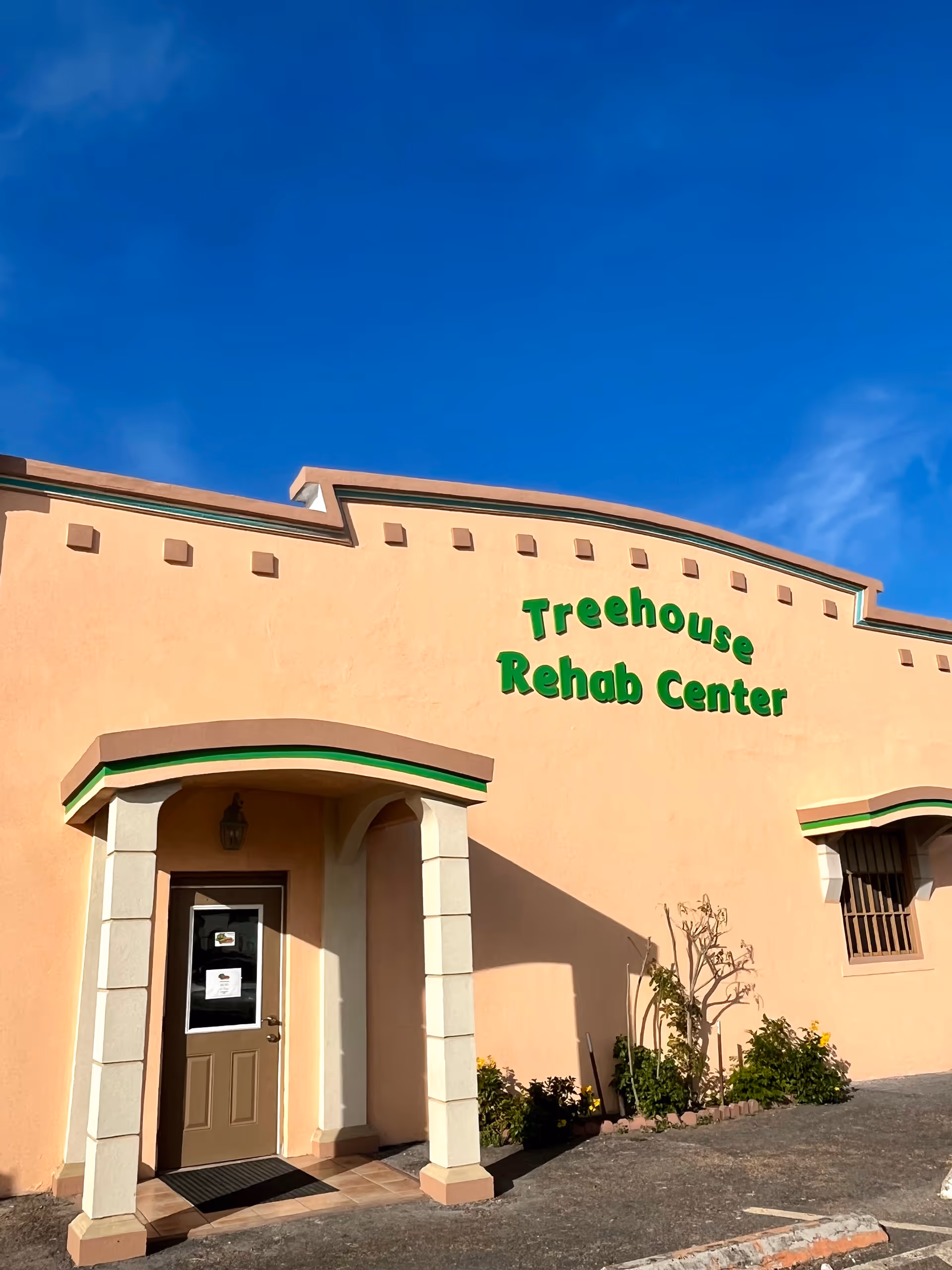 Exterior of peach-colored Treehouse Rehab Center with entrance door and sign
