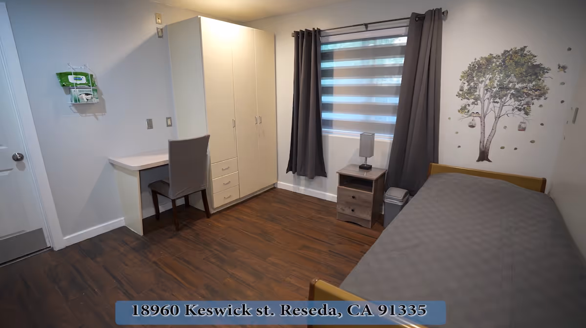Single-occupancy bedroom with a bed, wardrobe, desk, nightstand and a window with curtains, plus a tree wall decal.