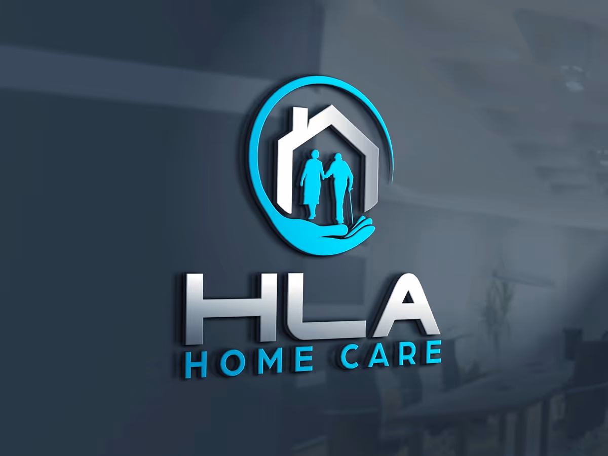 Blue and silver HLA Home Care logo on an interior wall.