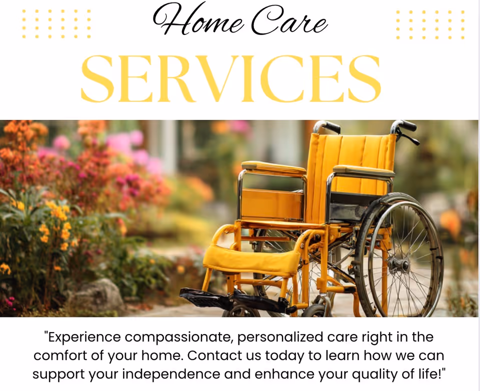 Yellow wheelchair on a garden path with colorful flowers and a care services banner