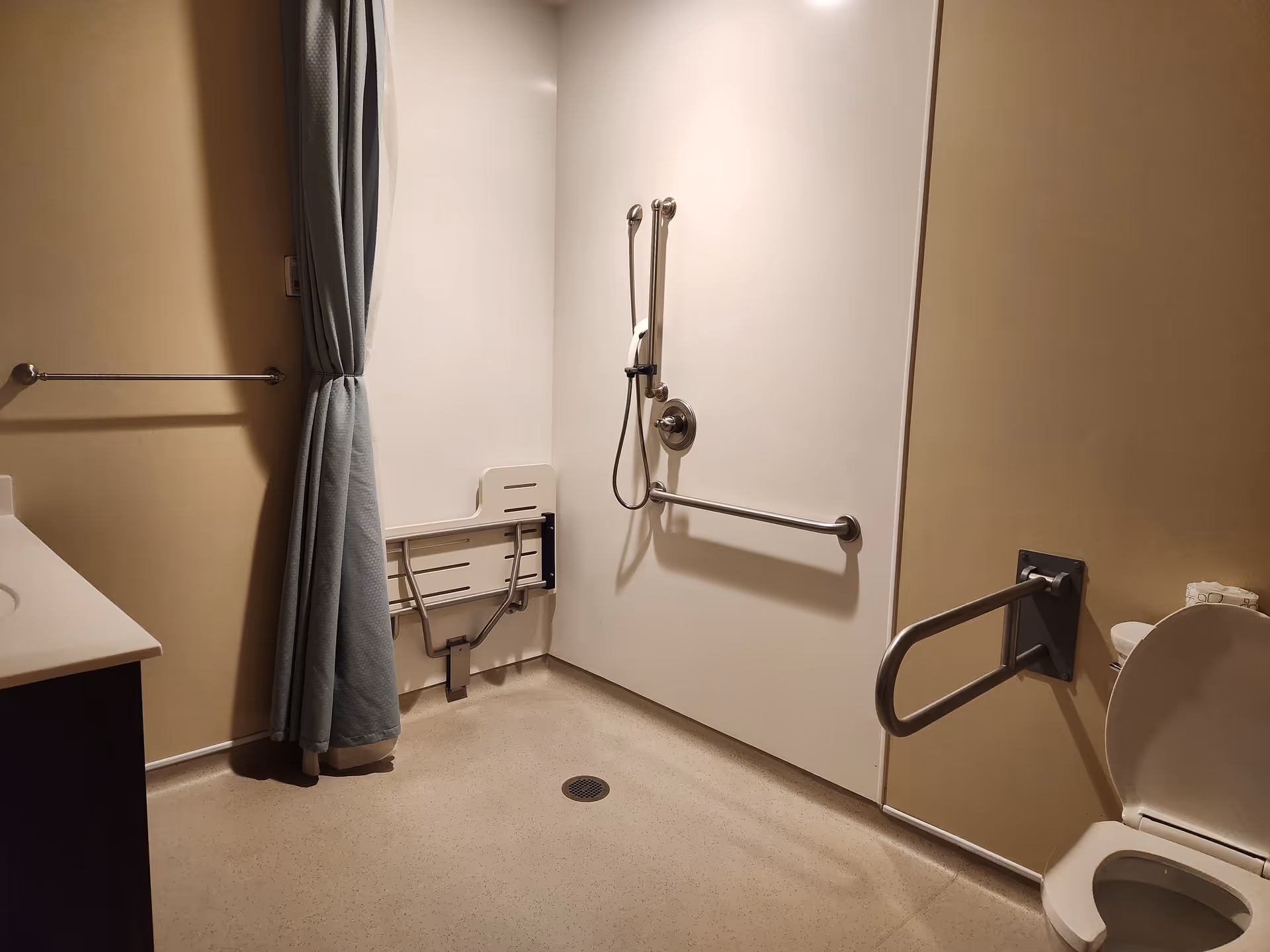 Accessible bathroom with shower, curtain, grab bars, toilet, and sink.