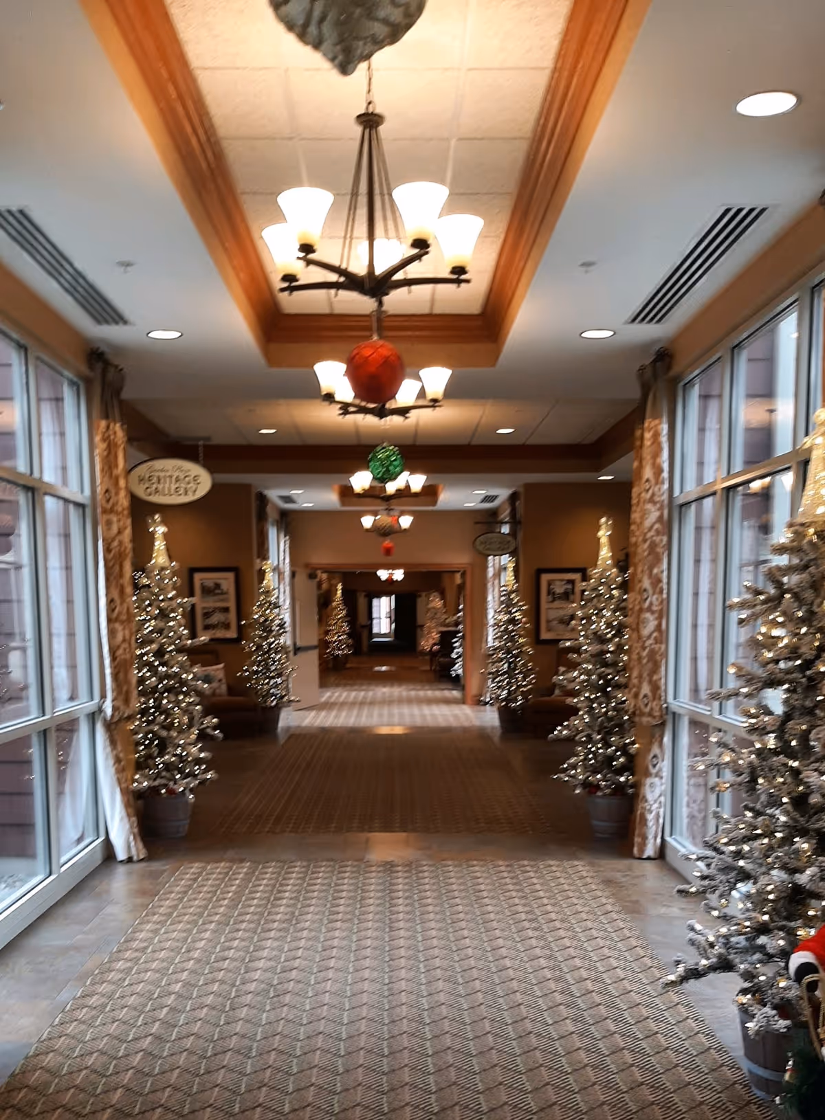 A festive hallway at Garden Plaza of Post Falls lined with Christmas trees.