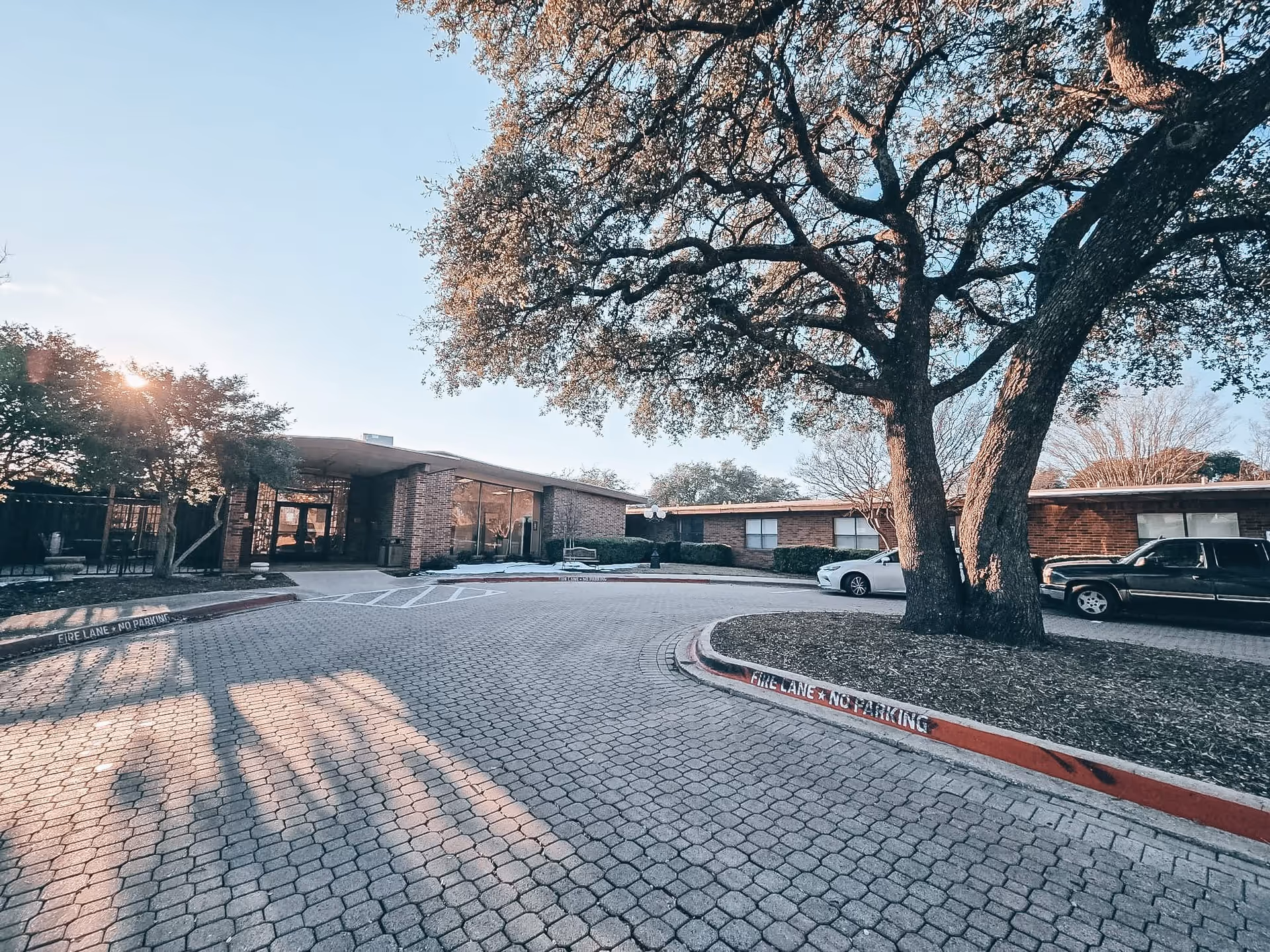 Exterior view of Landmark of Plano facility showing a paved driveway with a fire lane marked 'No Parking', large trees, parked cars, and a single-story brick building with large windows and an entrance canopy.