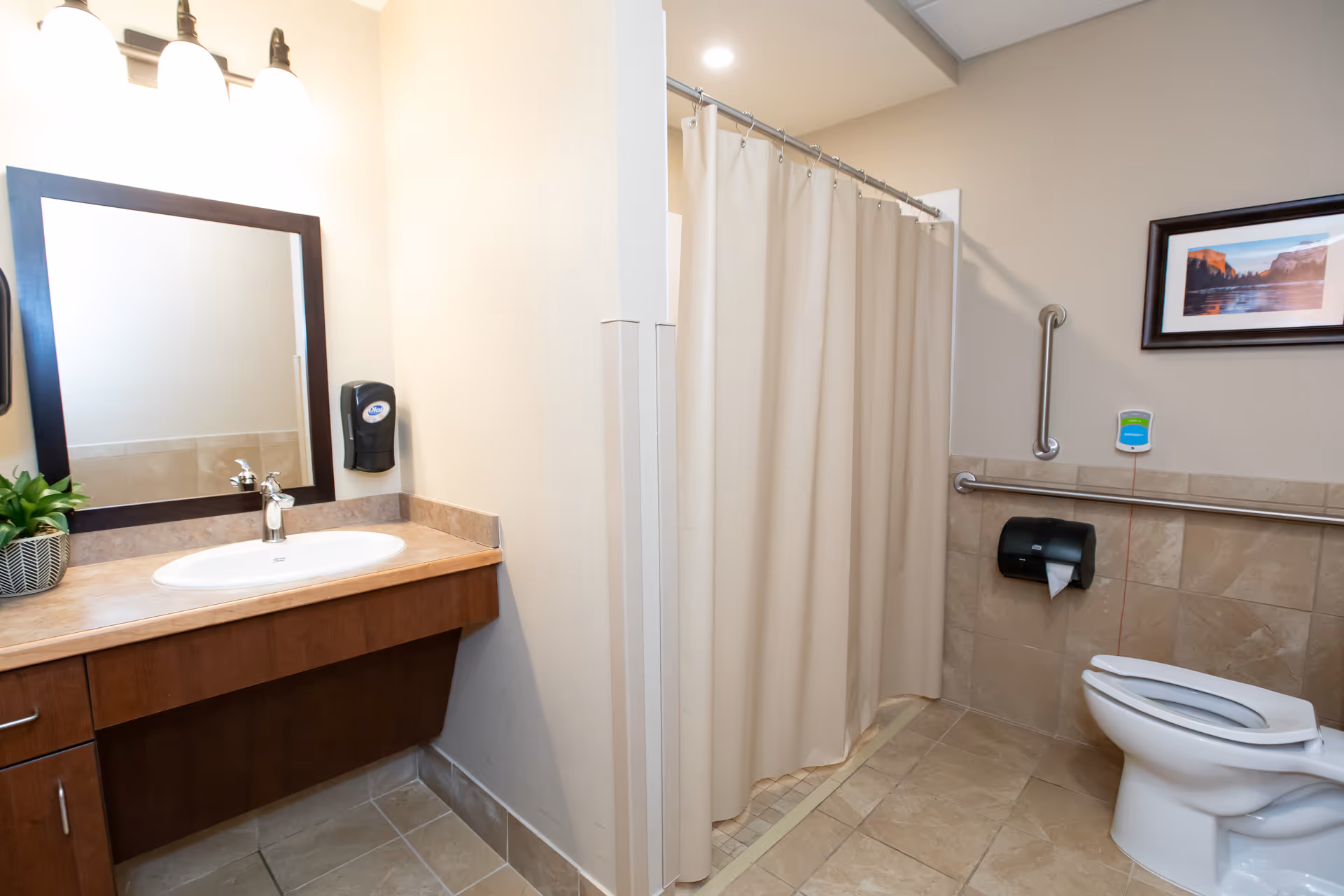 A senior living facility bathroom with sink, mirror, shower curtain, and toilet.