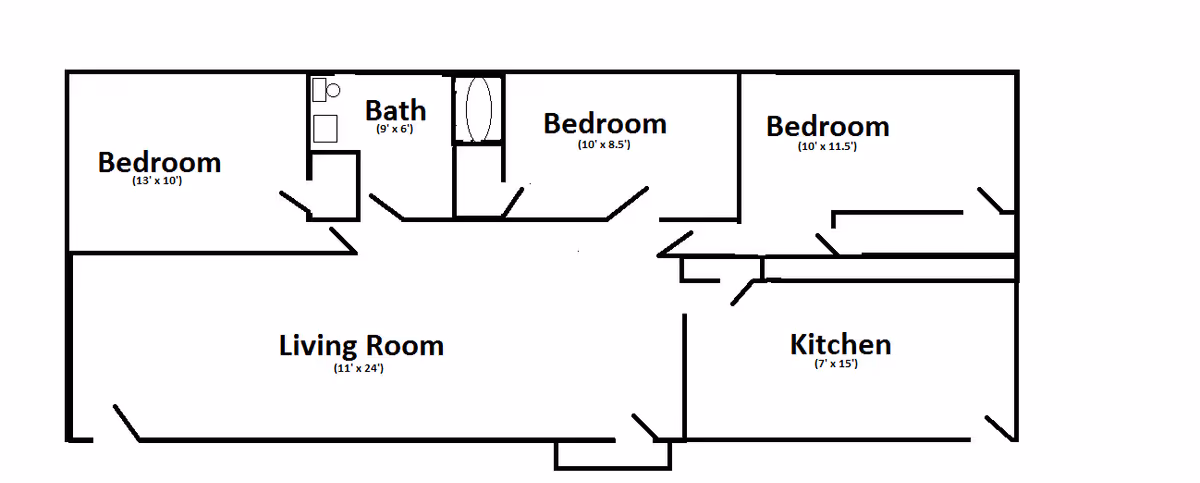 Floor plan of a facility showing three bedrooms, one bathroom, a living room, and a kitchen with dimensions labeled for each room.