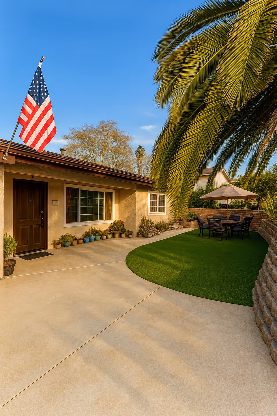 Outdoor patio area of a single-story building with a brown door, large window, and an American flag mounted on the roof. The patio has a concrete walkway, a curved artificial grass area with a table, chairs, and an umbrella. There are potted plants along the building wall and a large palm tree extending into the frame.