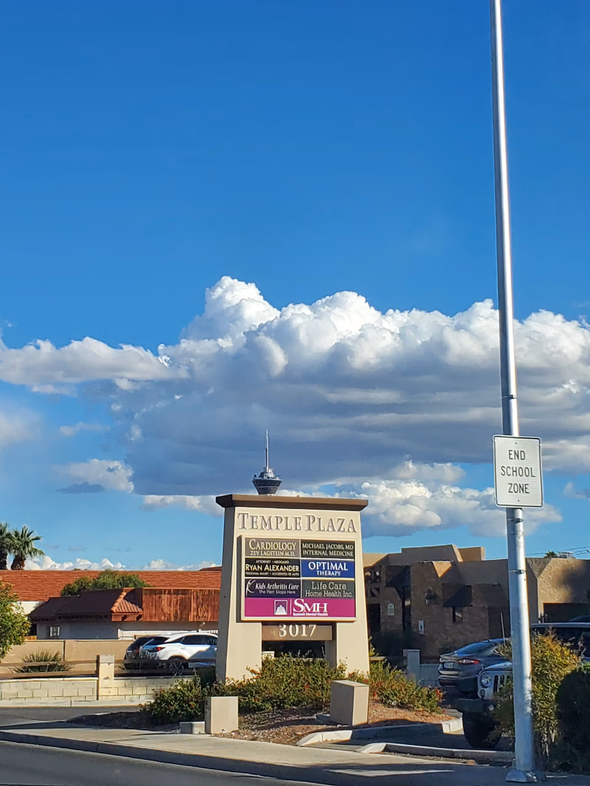 Exterior view of Temple Plaza sign with storefronts and parked cars.