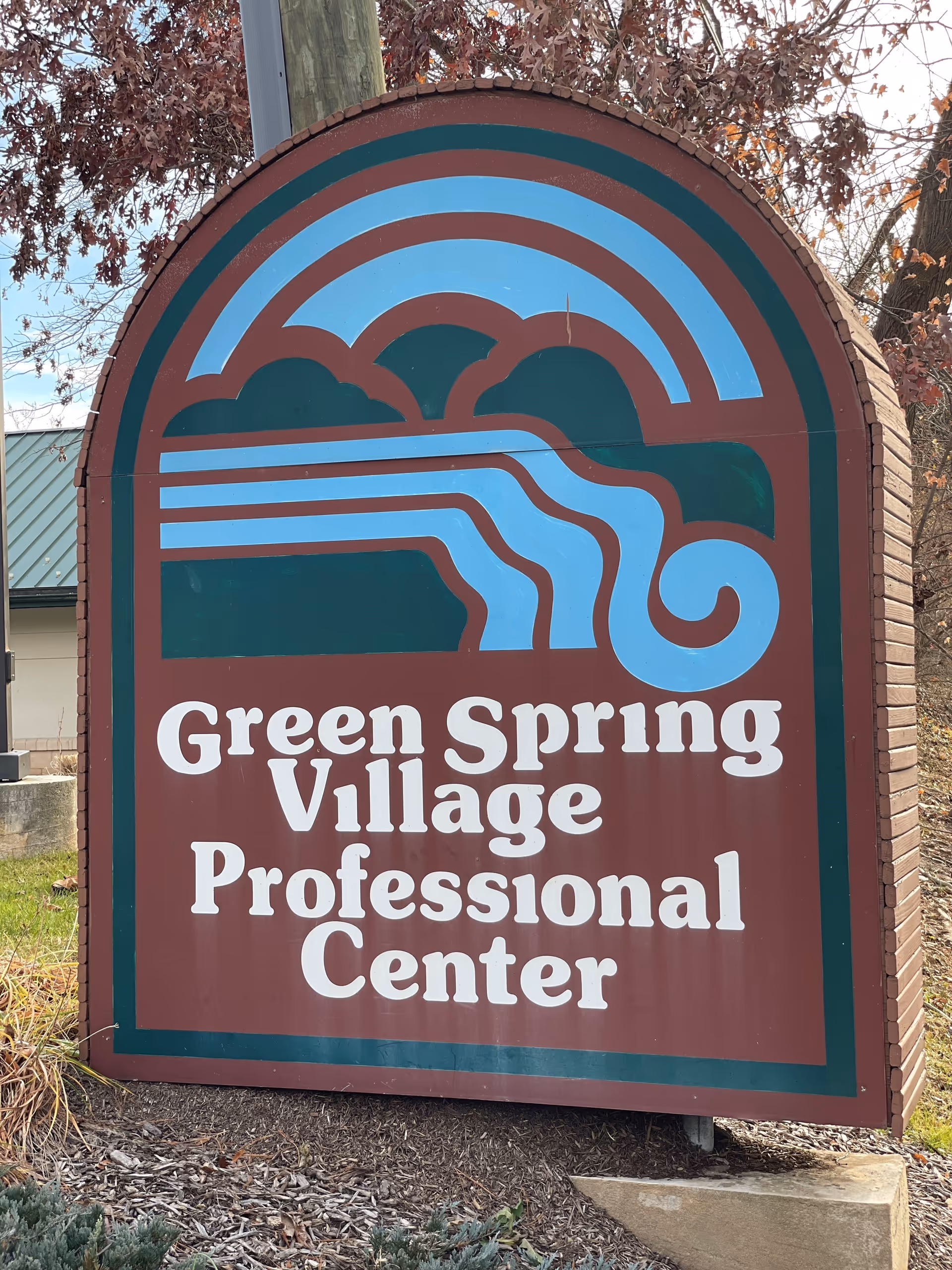 A large maroon sign reads Green Spring Village Professional Center with a landscape logo.