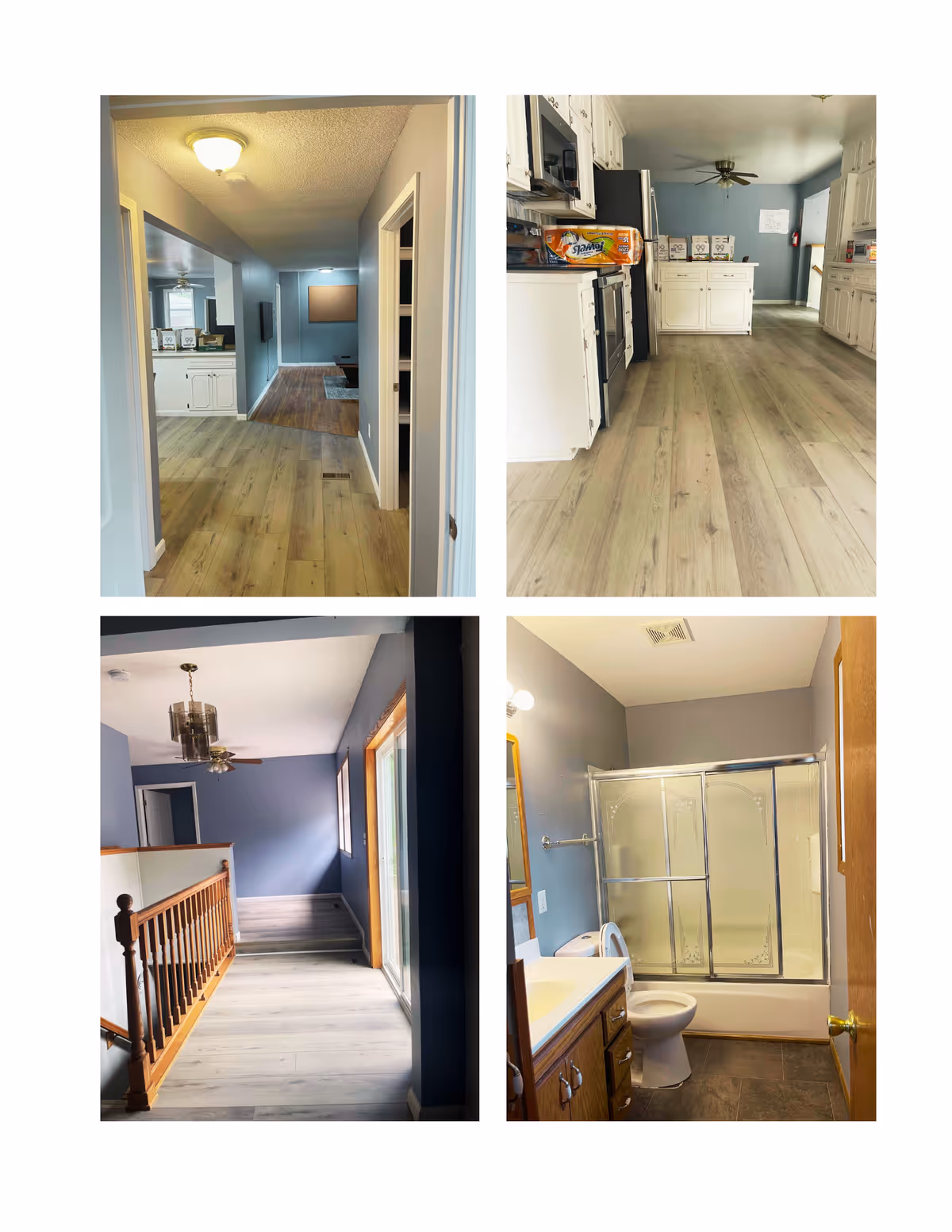 Four interior views show a hallway, kitchen, staircase, and bathroom in a home setting.