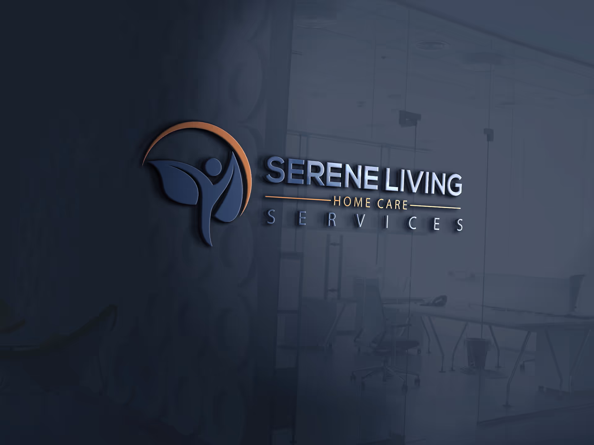 Glass-walled lobby with Serene Living logo and office furniture visible in background.