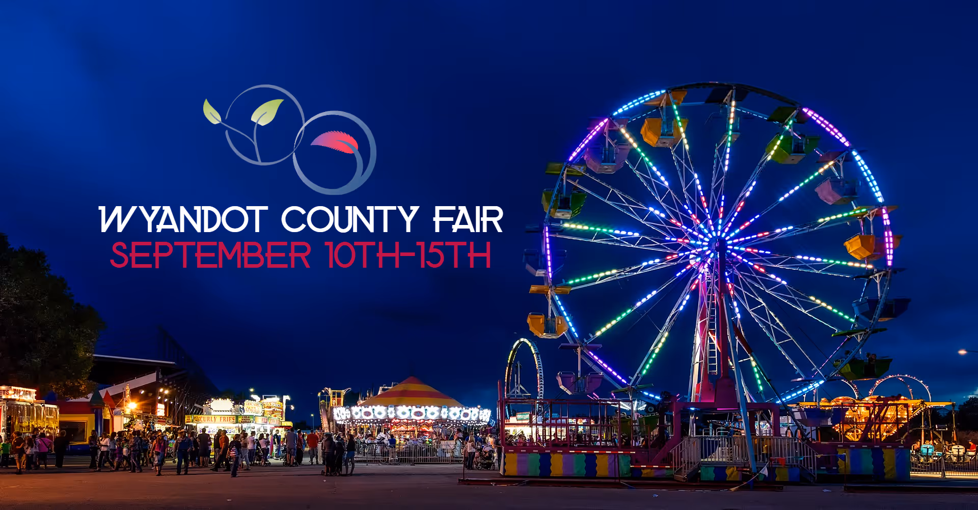 Night scene of a brightly lit Ferris wheel at a county fair with stalls and crowds.