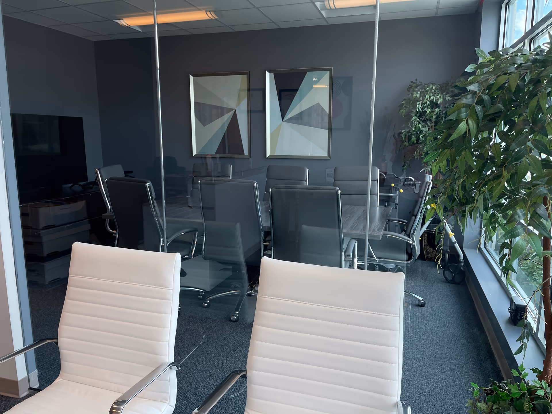 Modern conference room with glass walls, a long table, white leather chairs, and plants.
