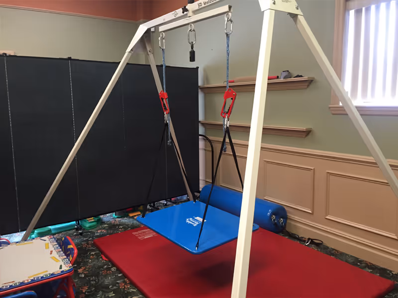 Indoor therapy swing setup with harnesses and mats.