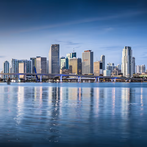 City skyline and bridge across calm water under a blue sky