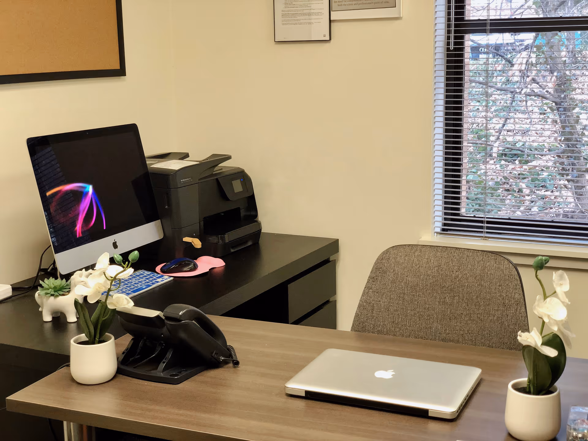 Office workspace in a senior care facility with a computer, printer, and plants.