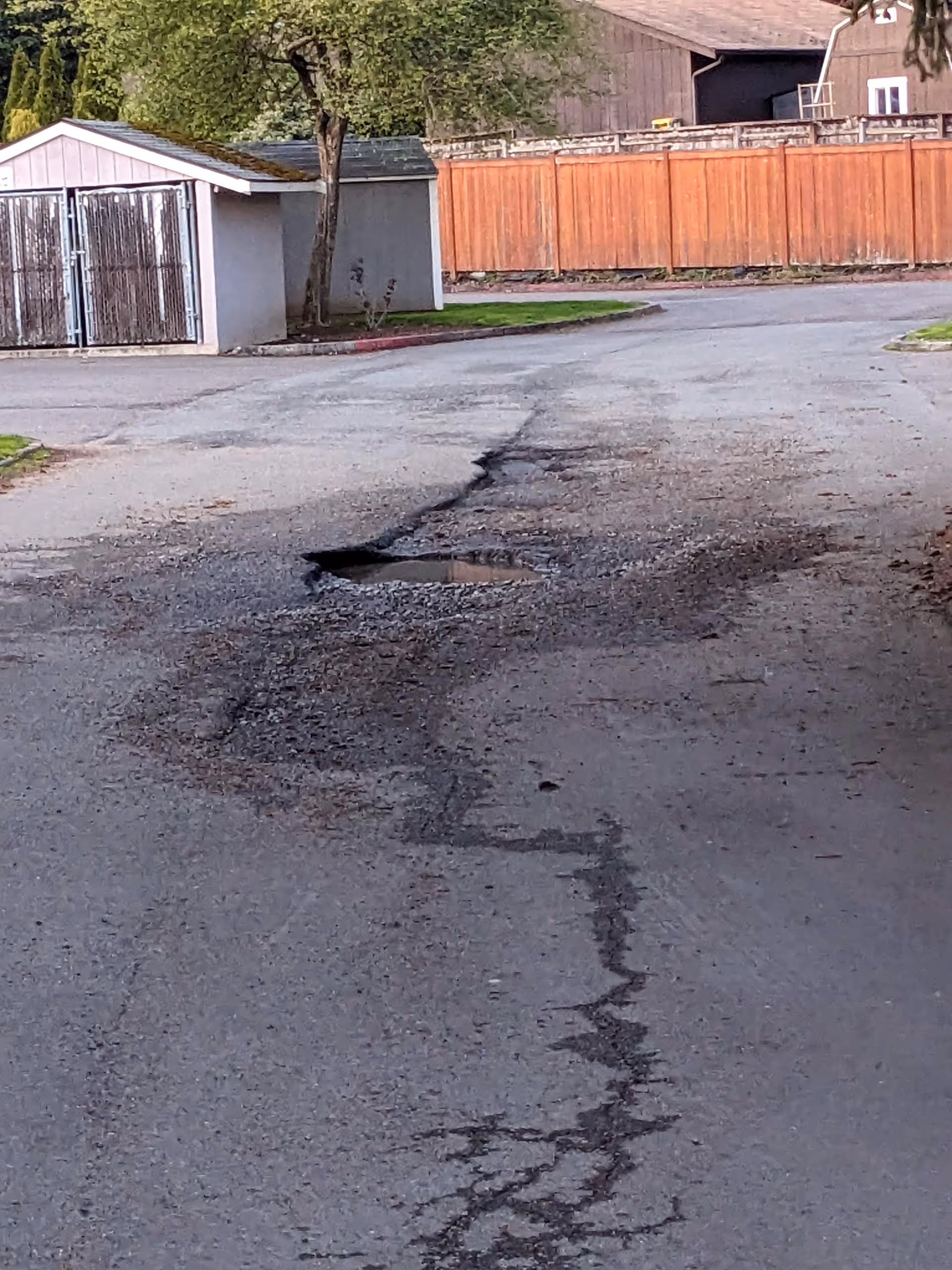 Paved outdoor road with cracks and a pothole beside fences and sheds.