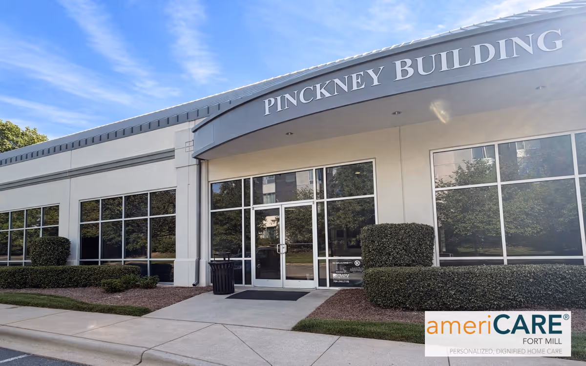 Exterior view of Pinckney Building for AmeriCARE Fort Mill with glass storefront