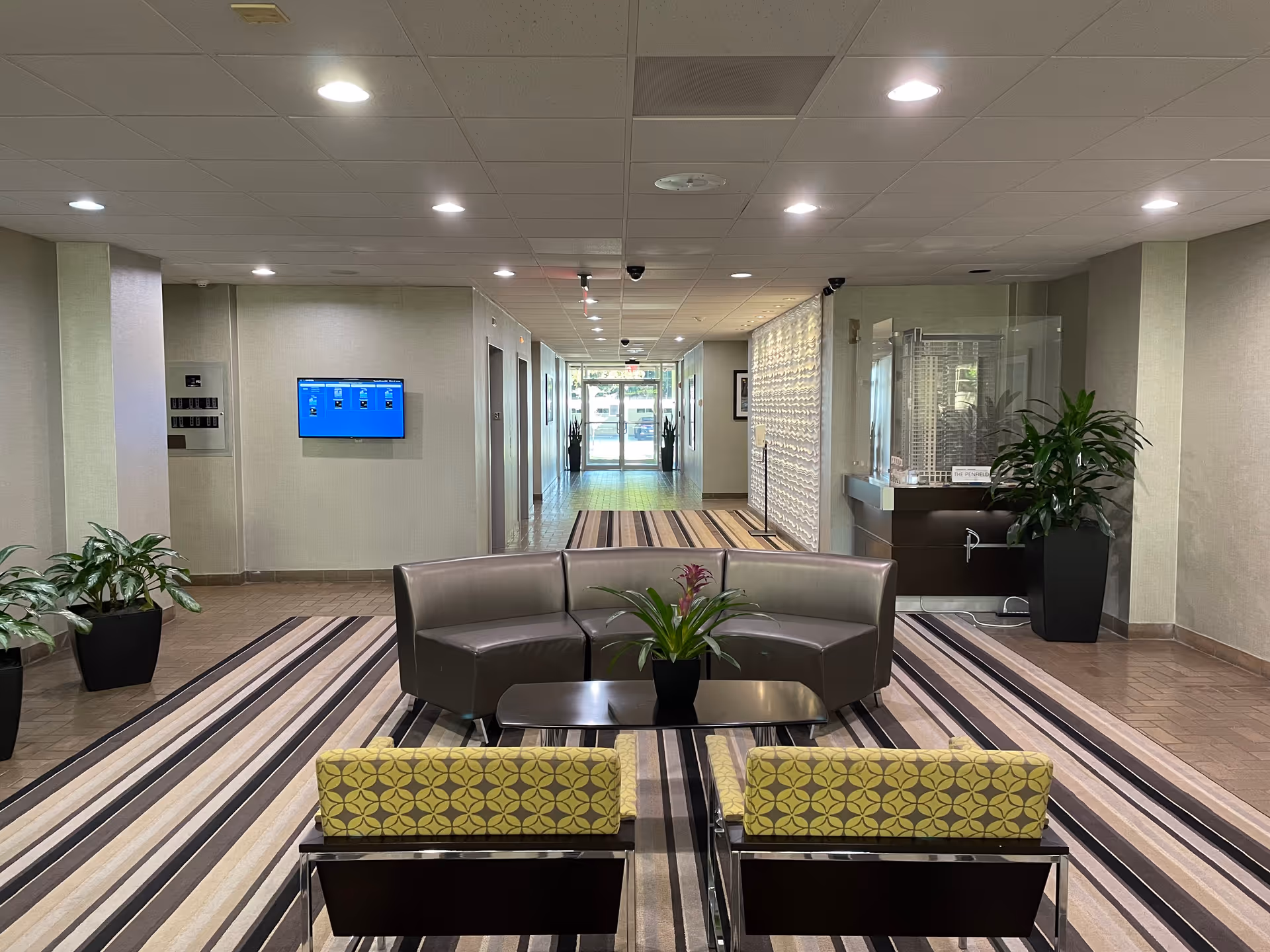 Spacious, modern senior living lobby with curved seating, striped carpet, and potted plants.