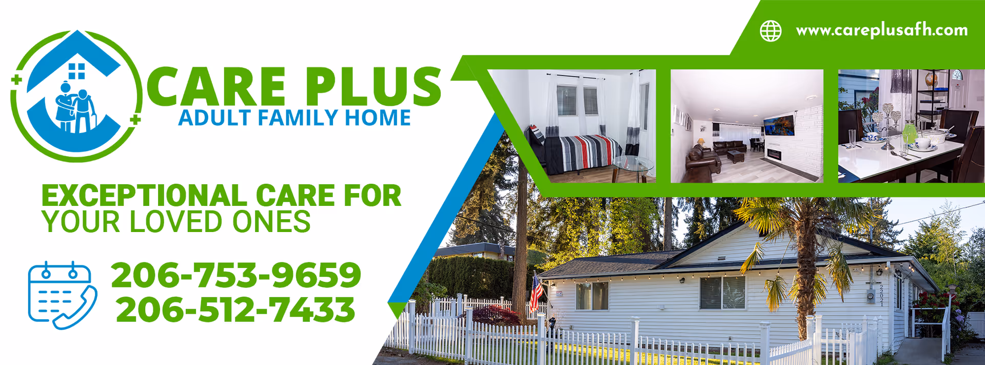 Marketing image for Care Plus Adult Family Home with logo, interior photos, and exterior house.