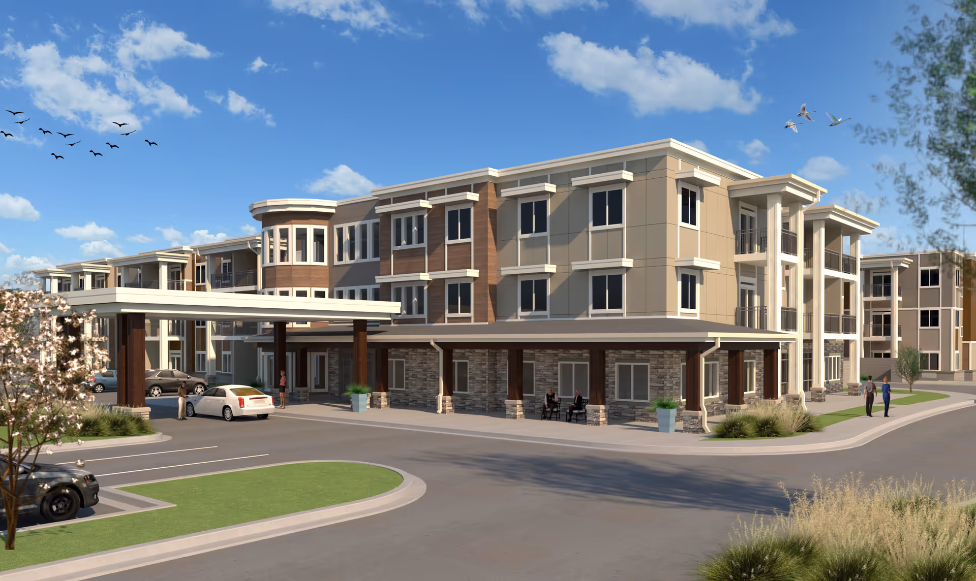 Rendering of a modern senior living facility exterior with a circular driveway and parked cars.