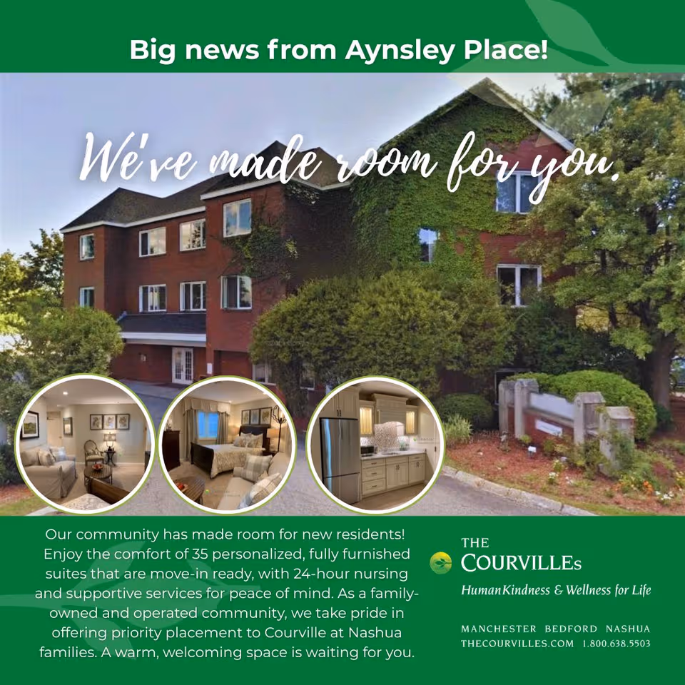 Exterior view of The Courville at Nashua Aynsley Place with greenery and interior photo insets.