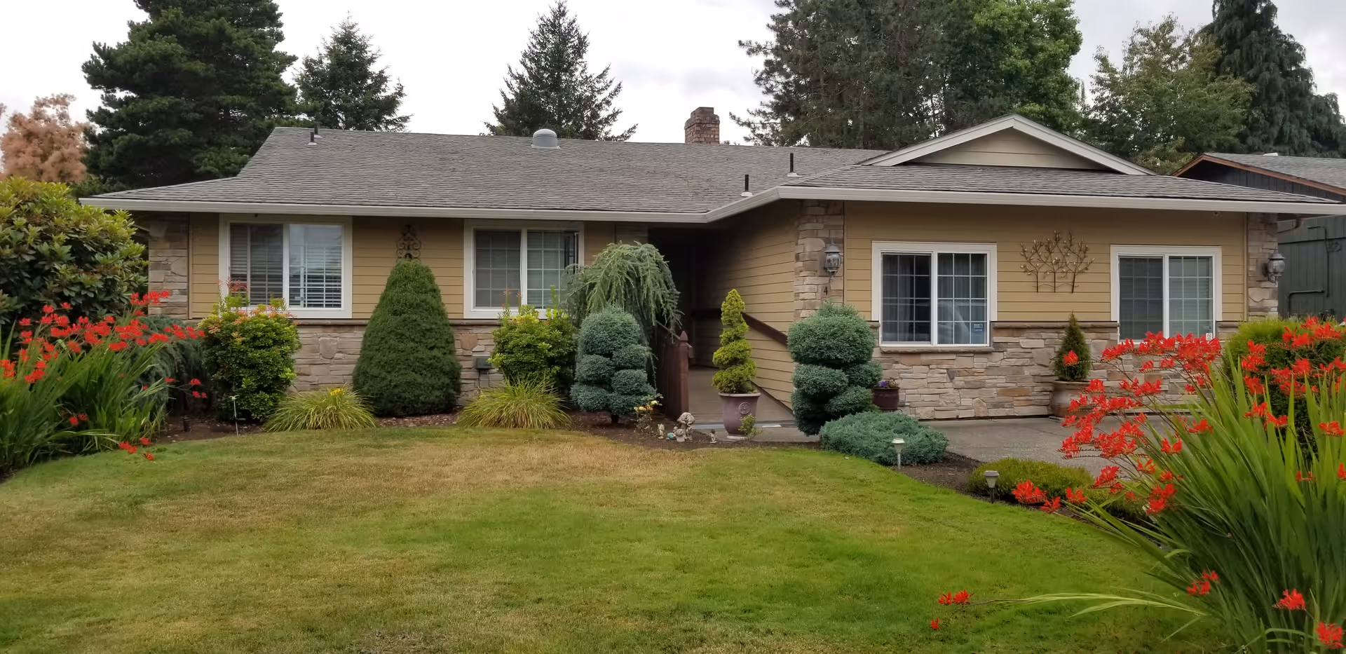 Front of a single-story house with manicured lawn and shrubs.