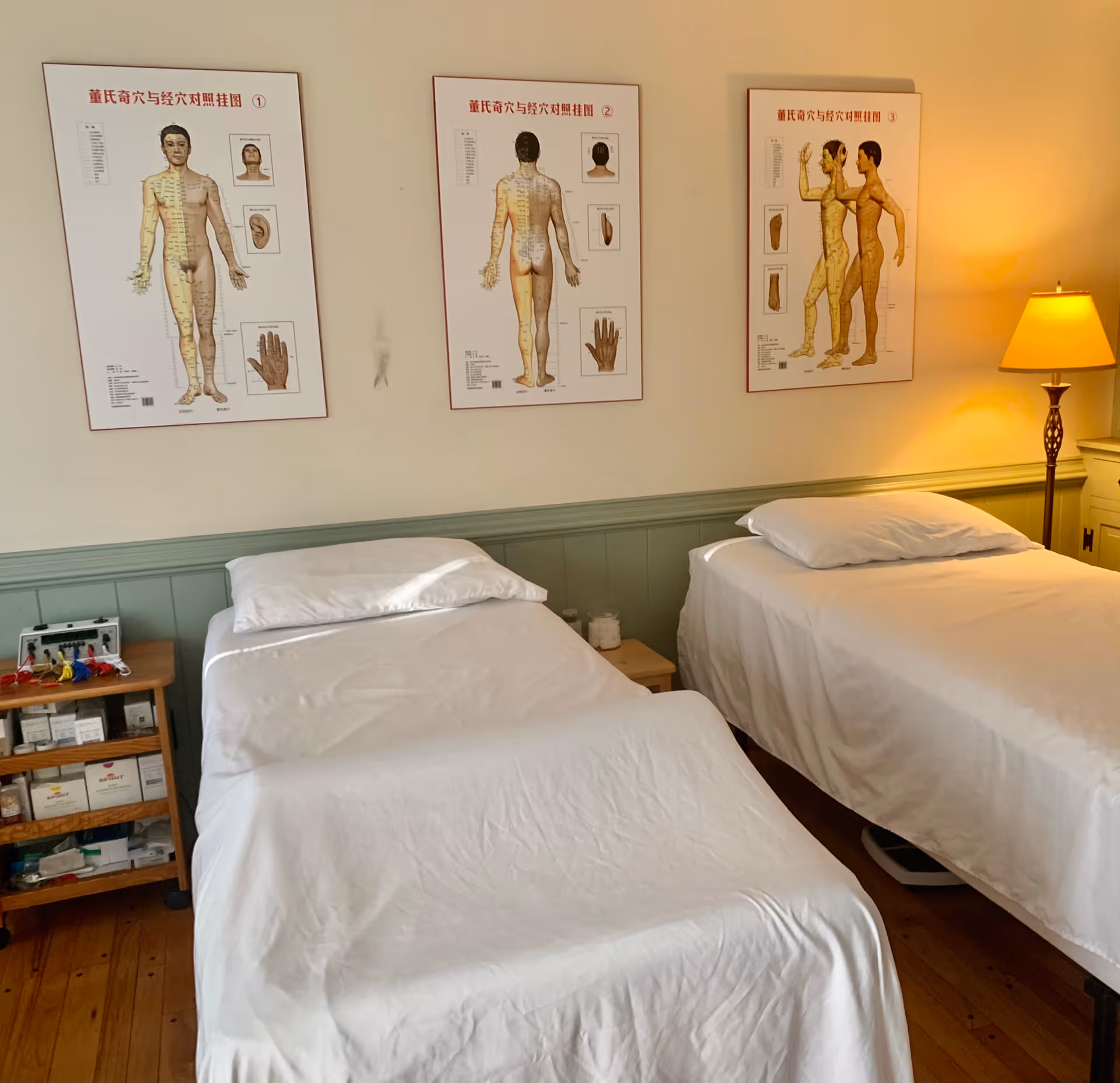Two treatment beds in a clinical room with medical posters and a lamp