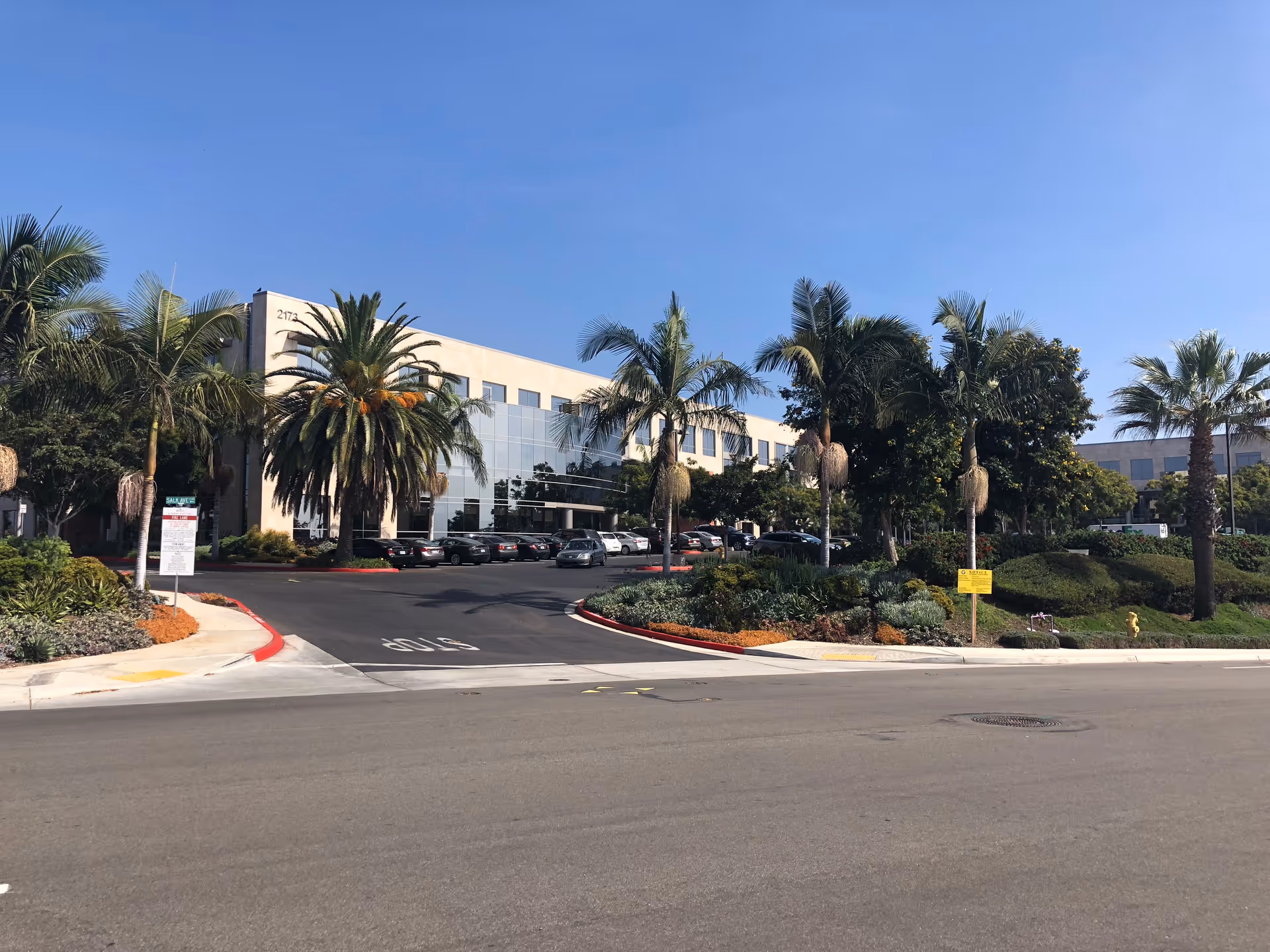 Front exterior view of San Diego Compassionate Caregivers Inc. facility with palm trees and parking lot.